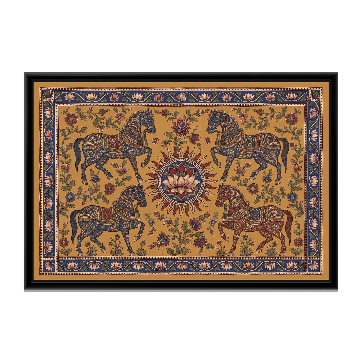 Kalamkari Painting – Four Horses around a Sun Medallion - framed canvas print, front view
