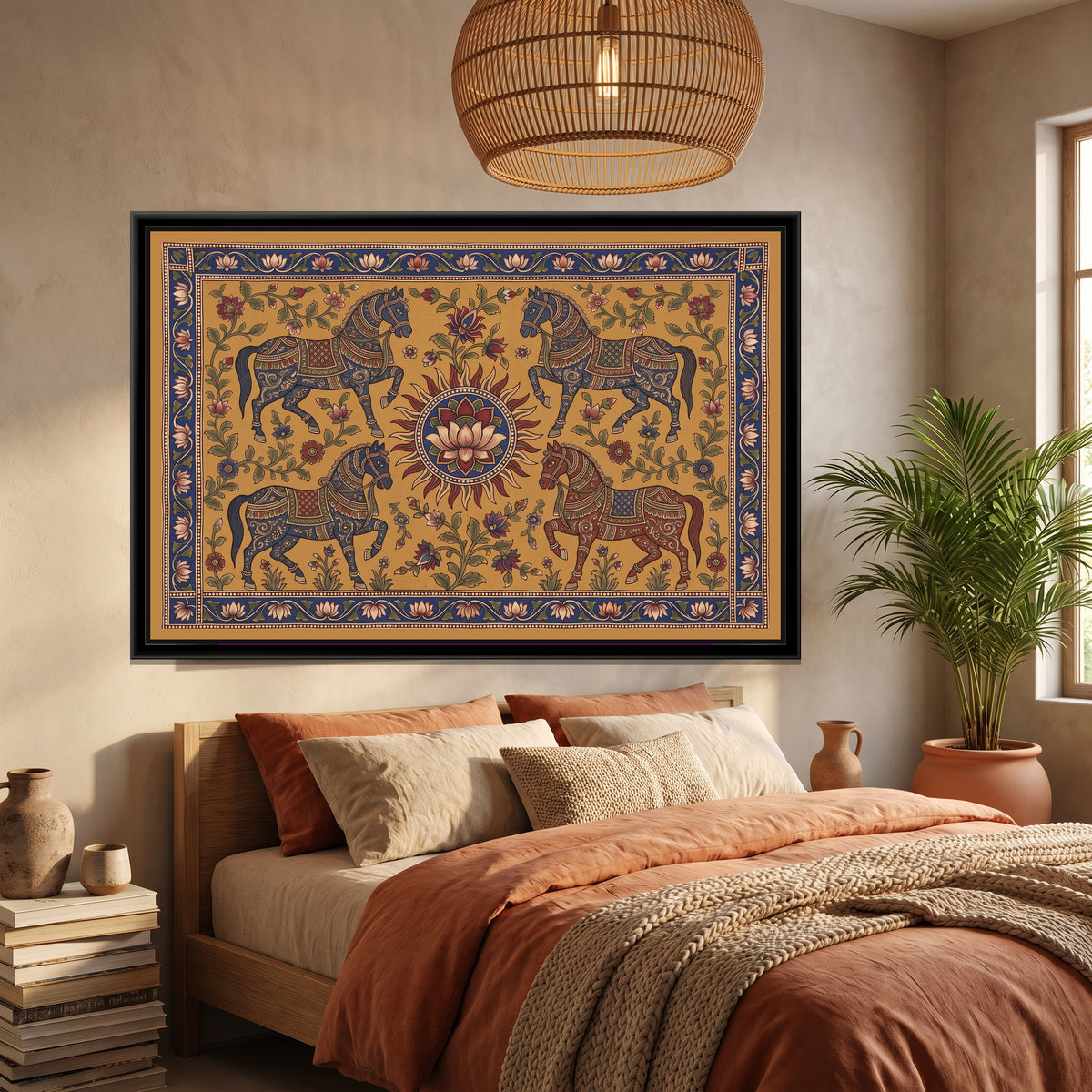 Kalamkari Painting – Four Horses around a Sun Medallion - canvas print shown in a styled room