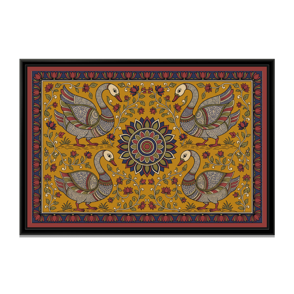 Kalamkari Painting – Four Swans around a Sun Medallion - framed canvas print, front view