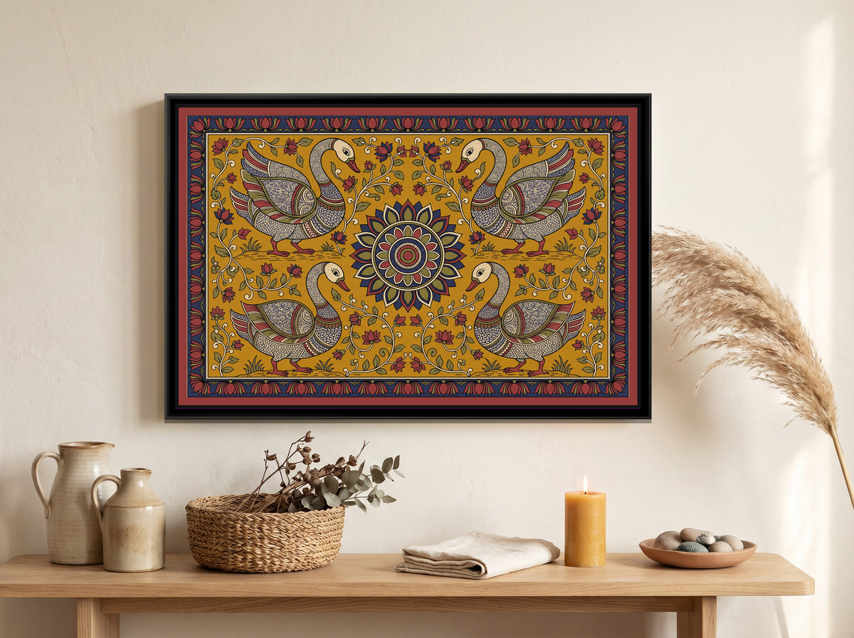 Kalamkari Painting – Four Swans around a Sun Medallion - canvas print shown in a styled room