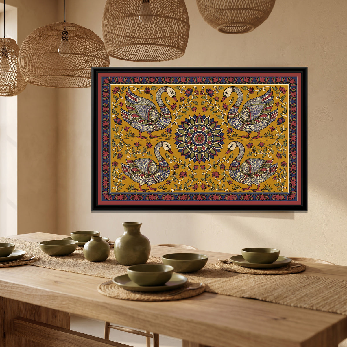 Kalamkari Painting – Four Swans around a Sun Medallion - canvas print shown in a second room setting