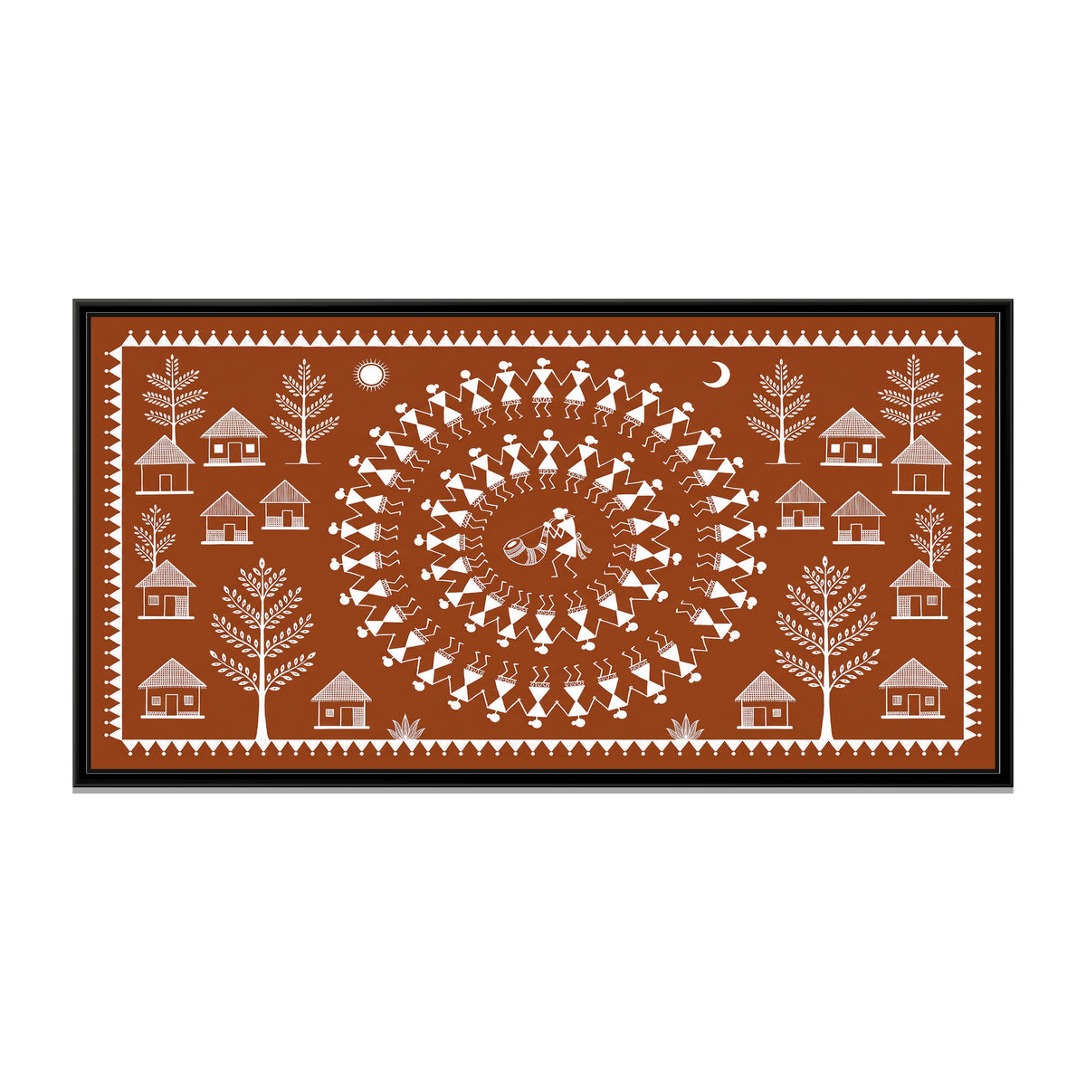 Warli Painting – Tarpa Dance Circle - framed canvas print, front view
