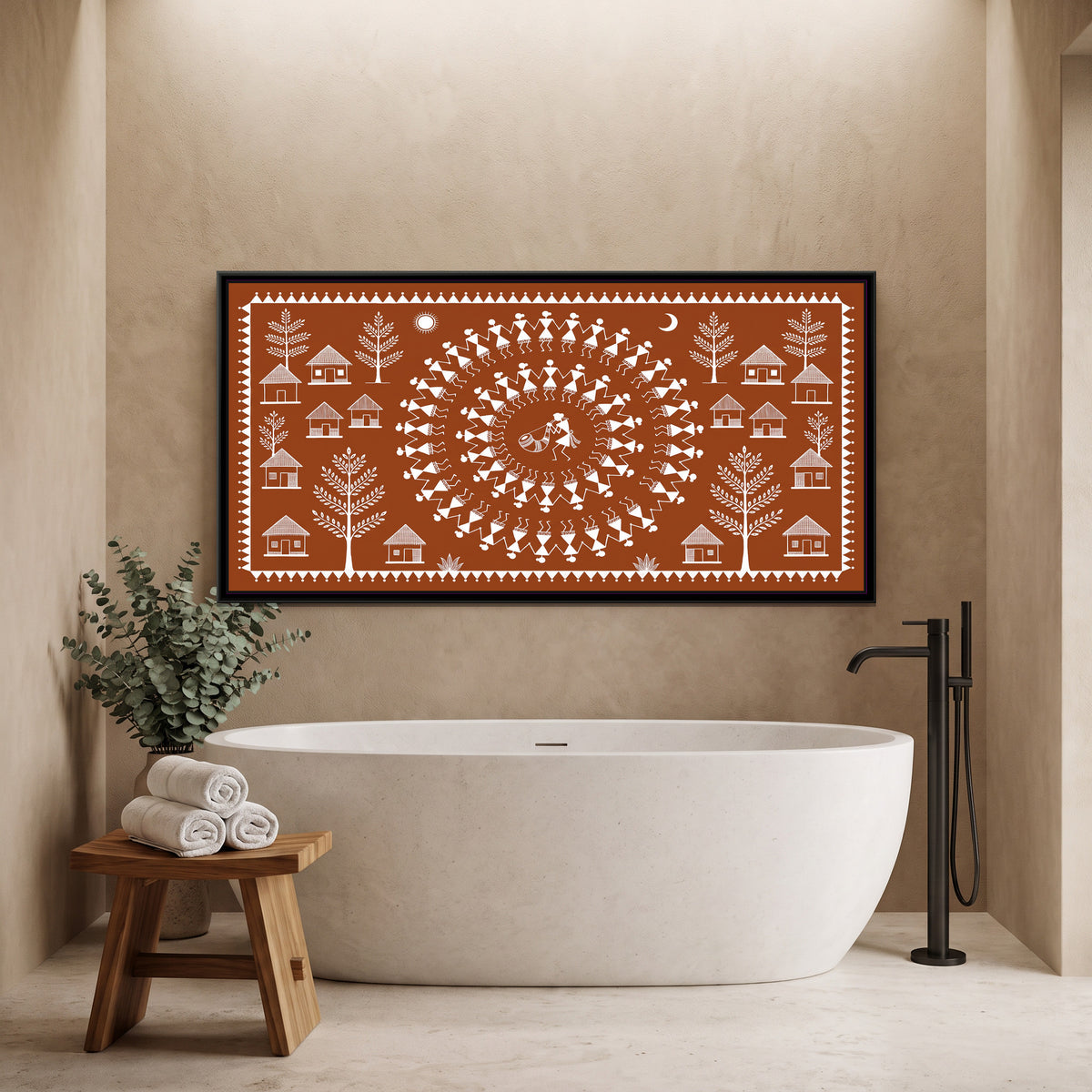 Warli Painting – Tarpa Dance Circle - canvas print shown in a styled room