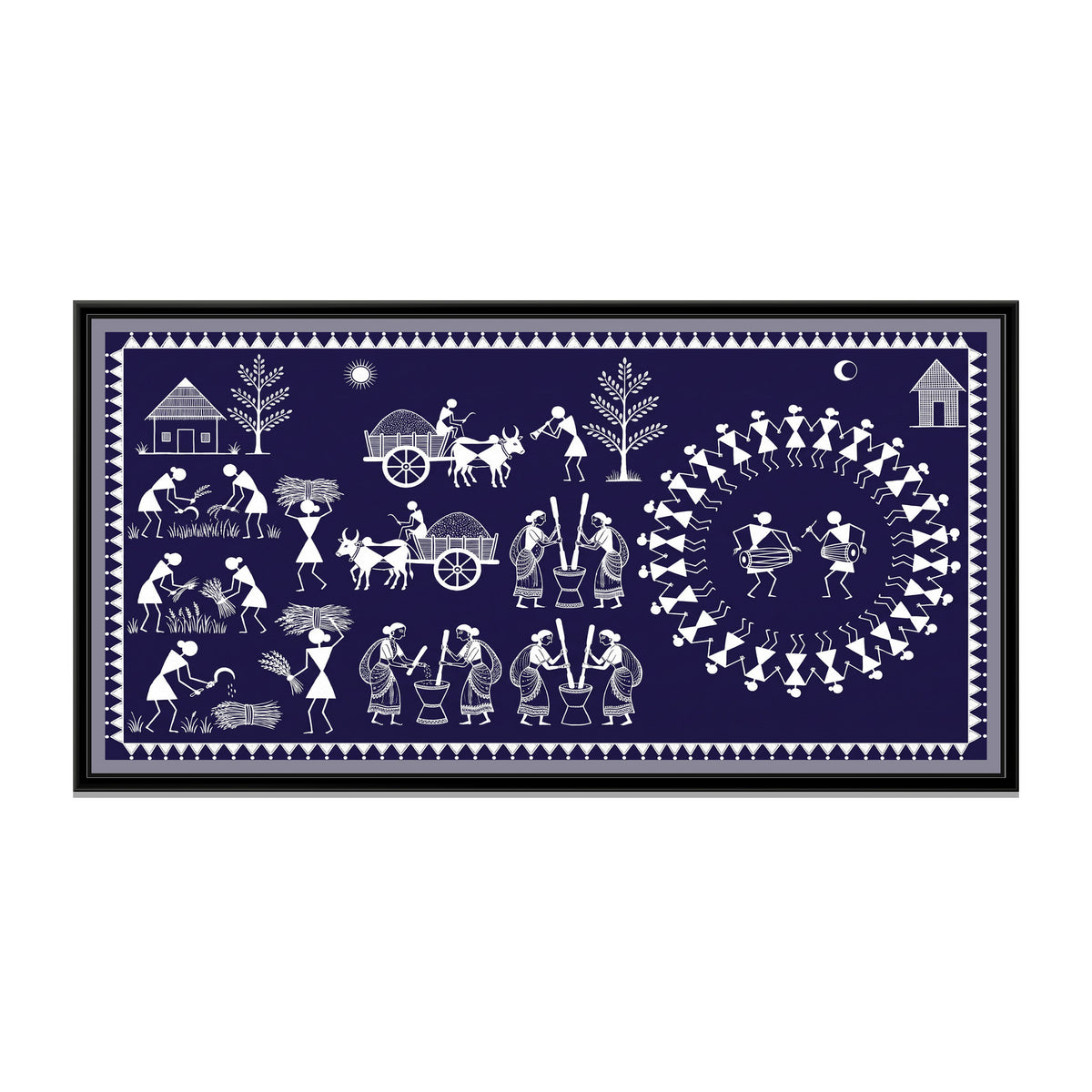 Warli Painting – Harvest Festival - framed canvas print, front view