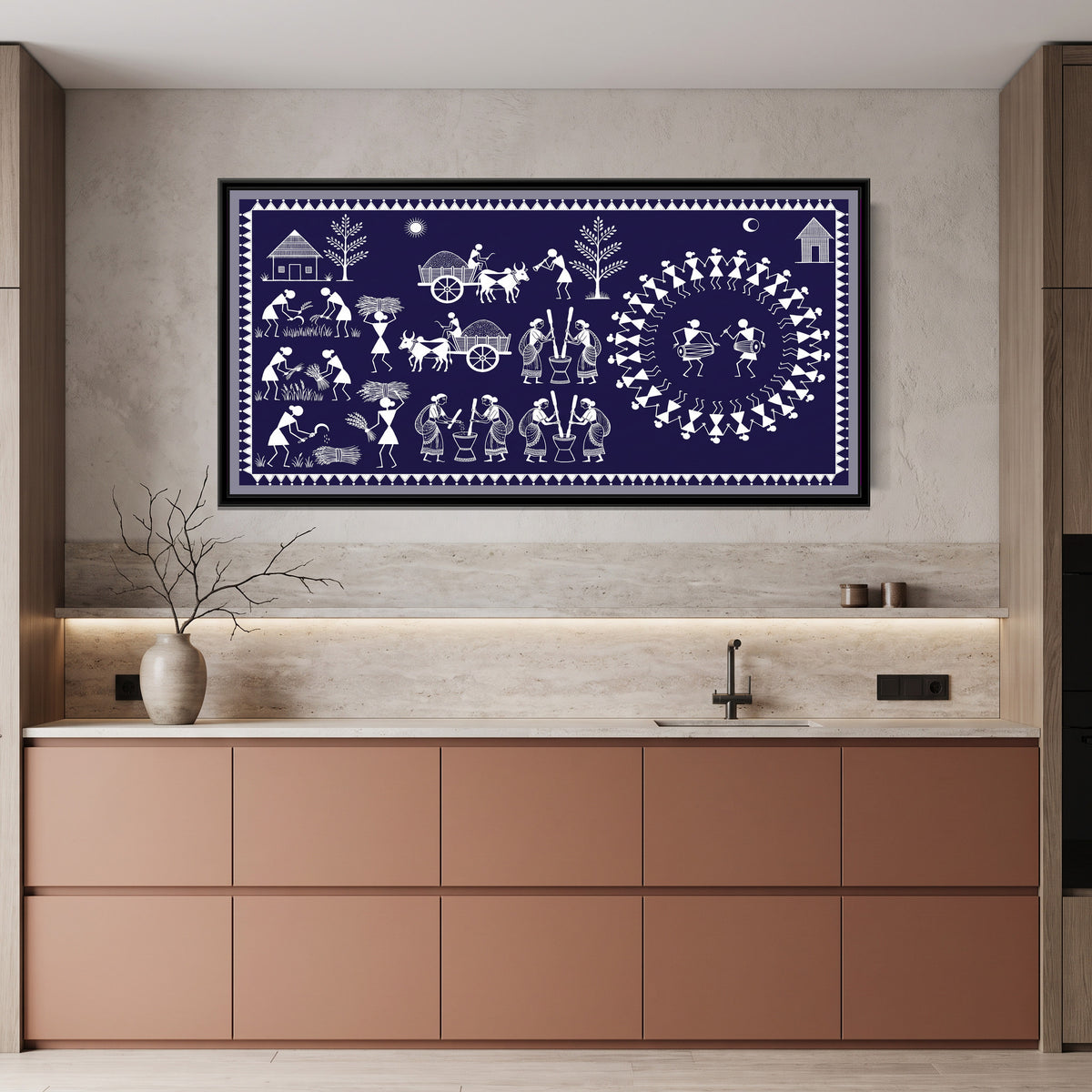 Warli Painting – Harvest Festival - canvas print shown in a styled room