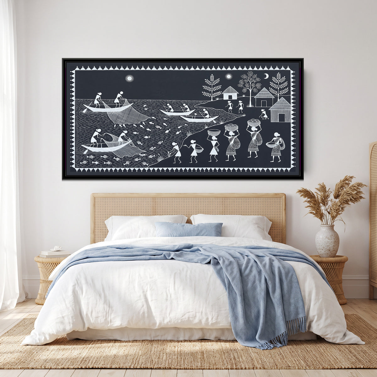 Warli Painting – Fishermen on the River - canvas print shown in a second room setting
