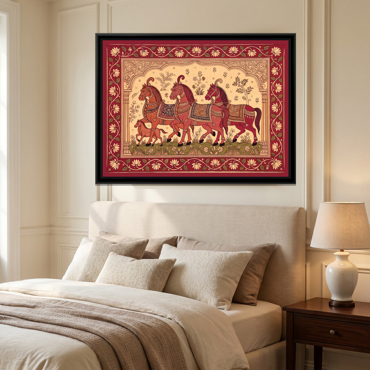 Kalamkari Painting – Procession of Decorated Horses – Ivory Ground - canvas print shown in a second room setting