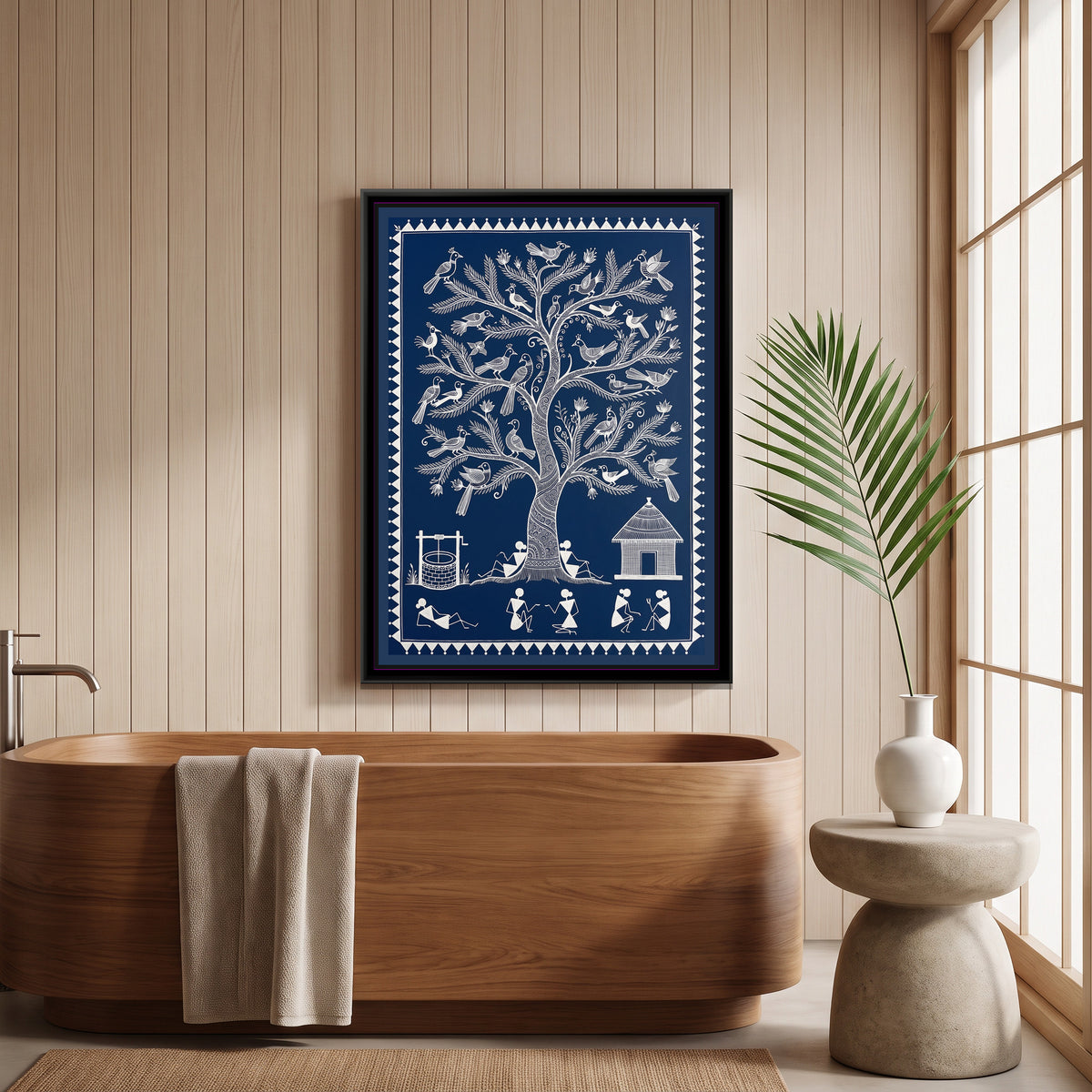 Warli Painting – Tree of Life with Birds – Deep Indigo - canvas print shown in a second room setting
