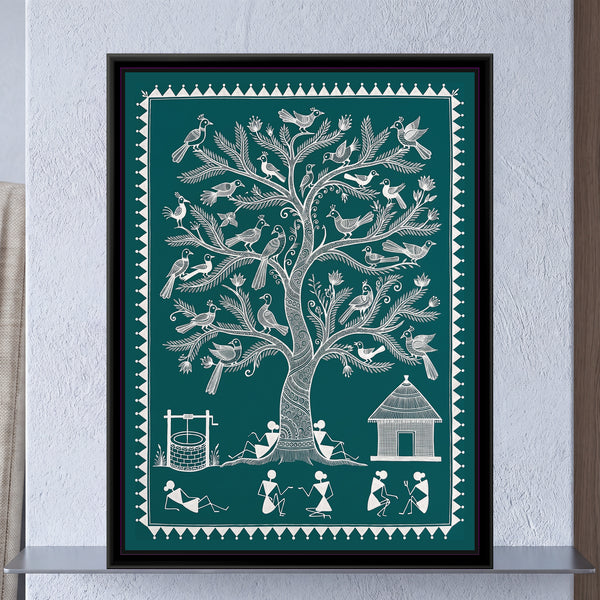 Warli Painting – Tree of Life with Birds – Deep Teal
