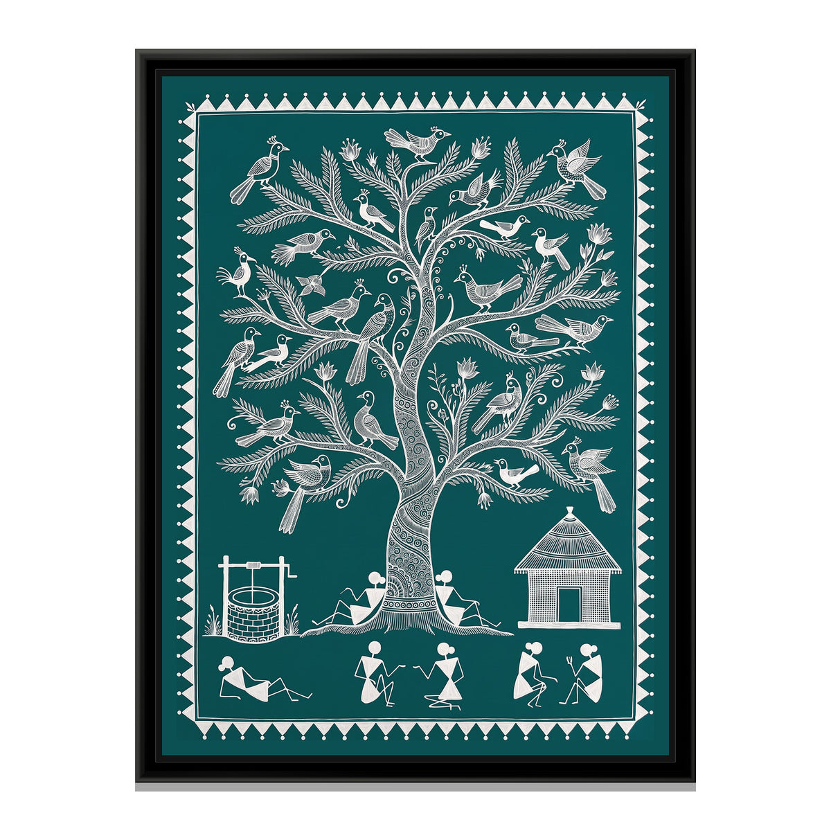 Warli Painting – Tree of Life with Birds – Deep Teal - framed canvas print, front view