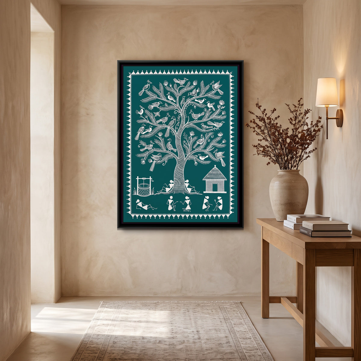 Warli Painting – Tree of Life with Birds – Deep Teal - canvas print shown in a styled room