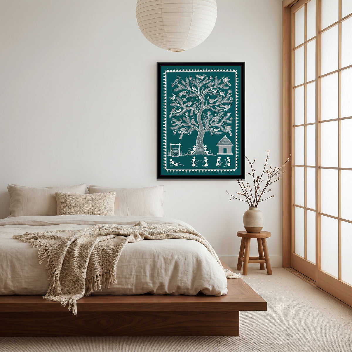 Warli Painting – Tree of Life with Birds – Deep Teal - canvas print shown in a second room setting