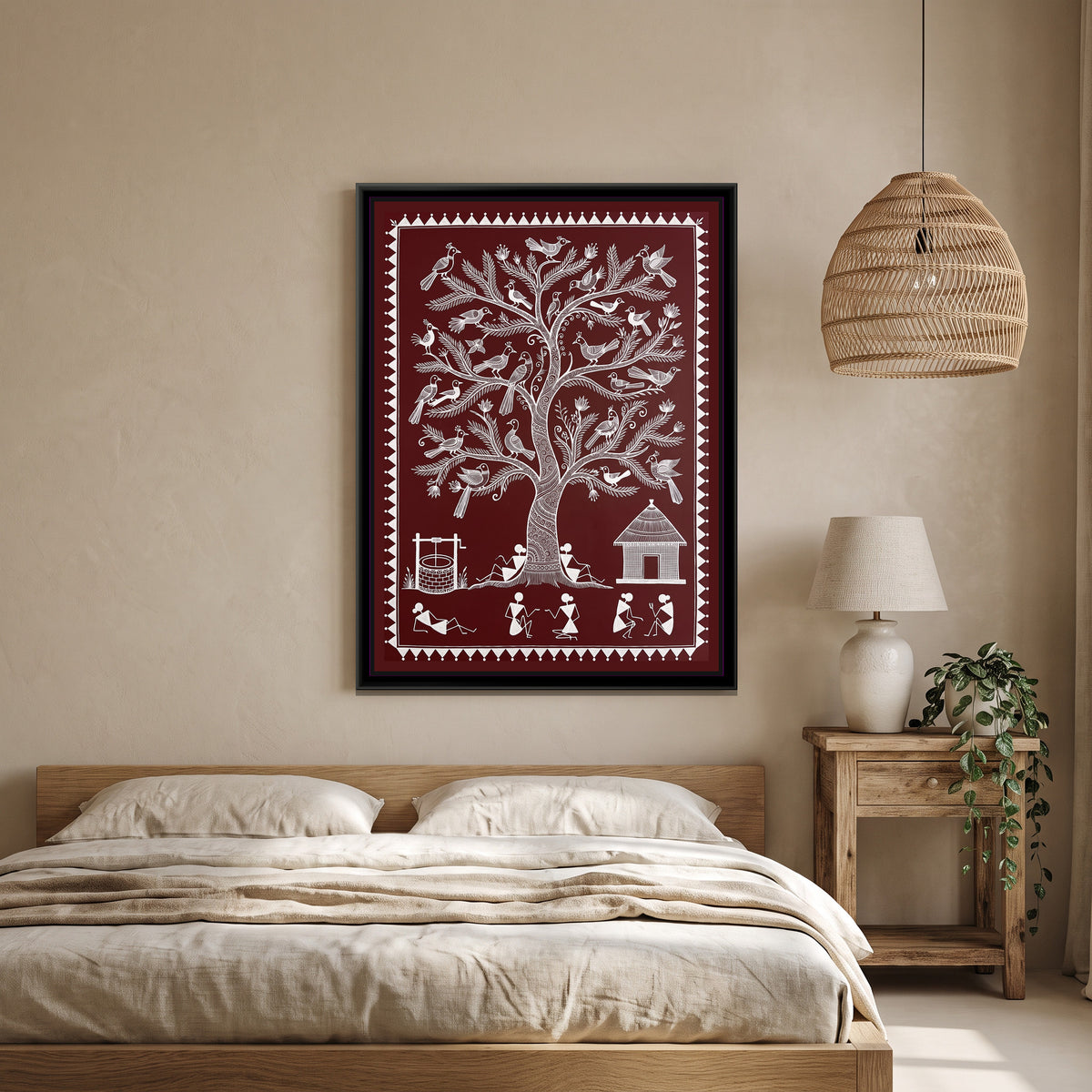 Warli Painting – Tree of Life with Birds – Deep Maroon - canvas print shown in a styled room