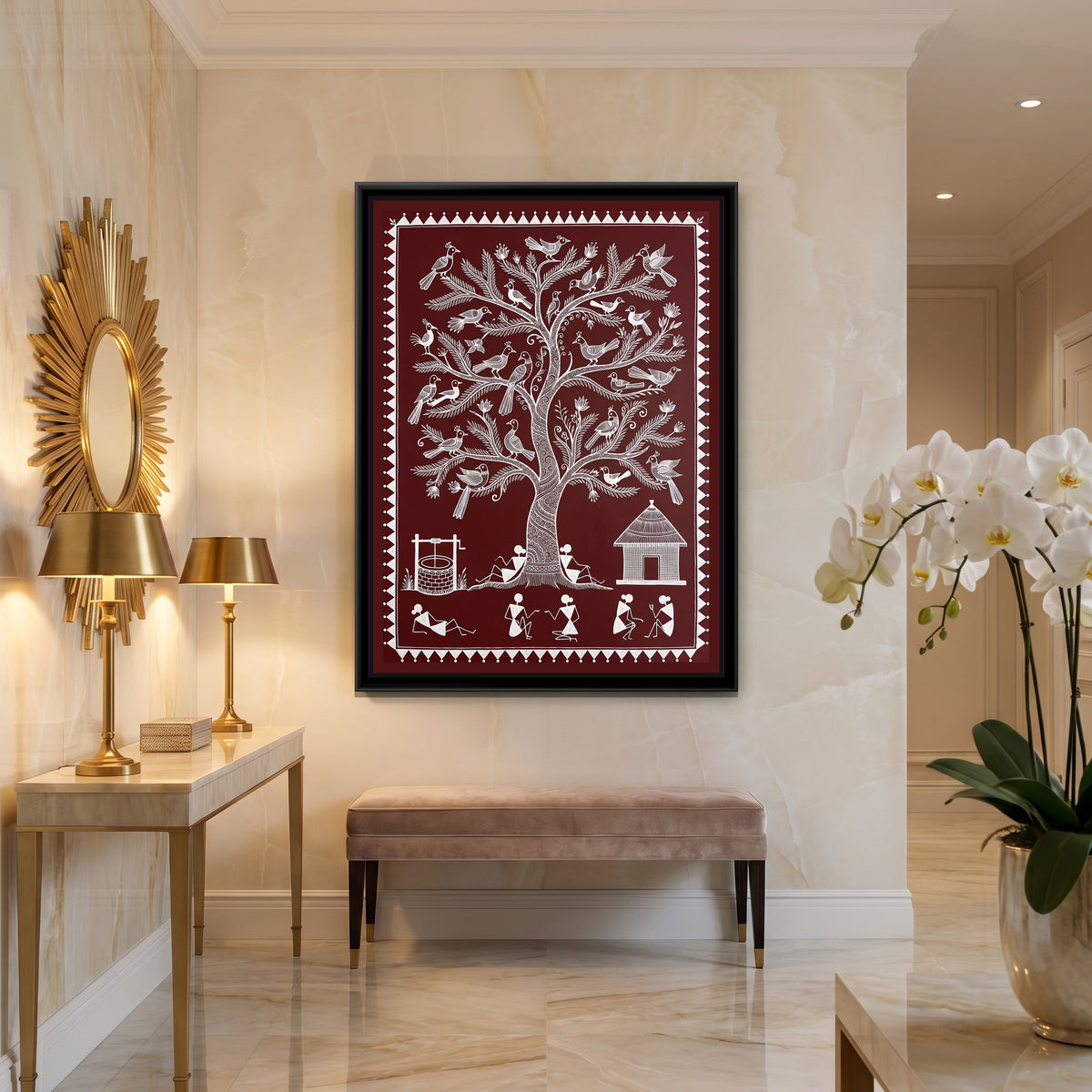 Warli Painting – Tree of Life with Birds – Deep Maroon - canvas print shown in a second room setting