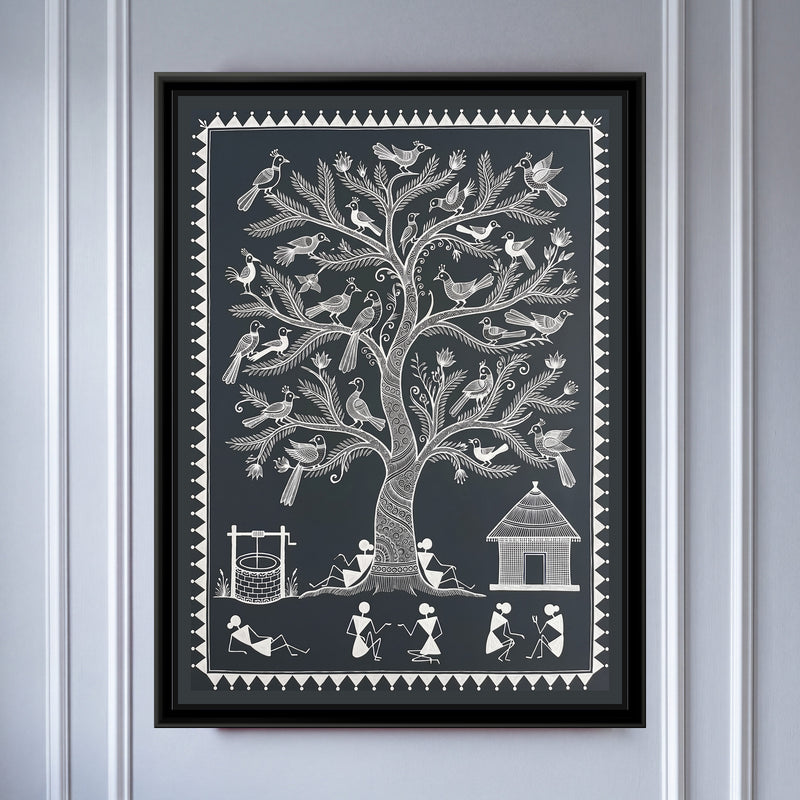 Warli Painting – Tree of Life with Birds – Deep Charcoal