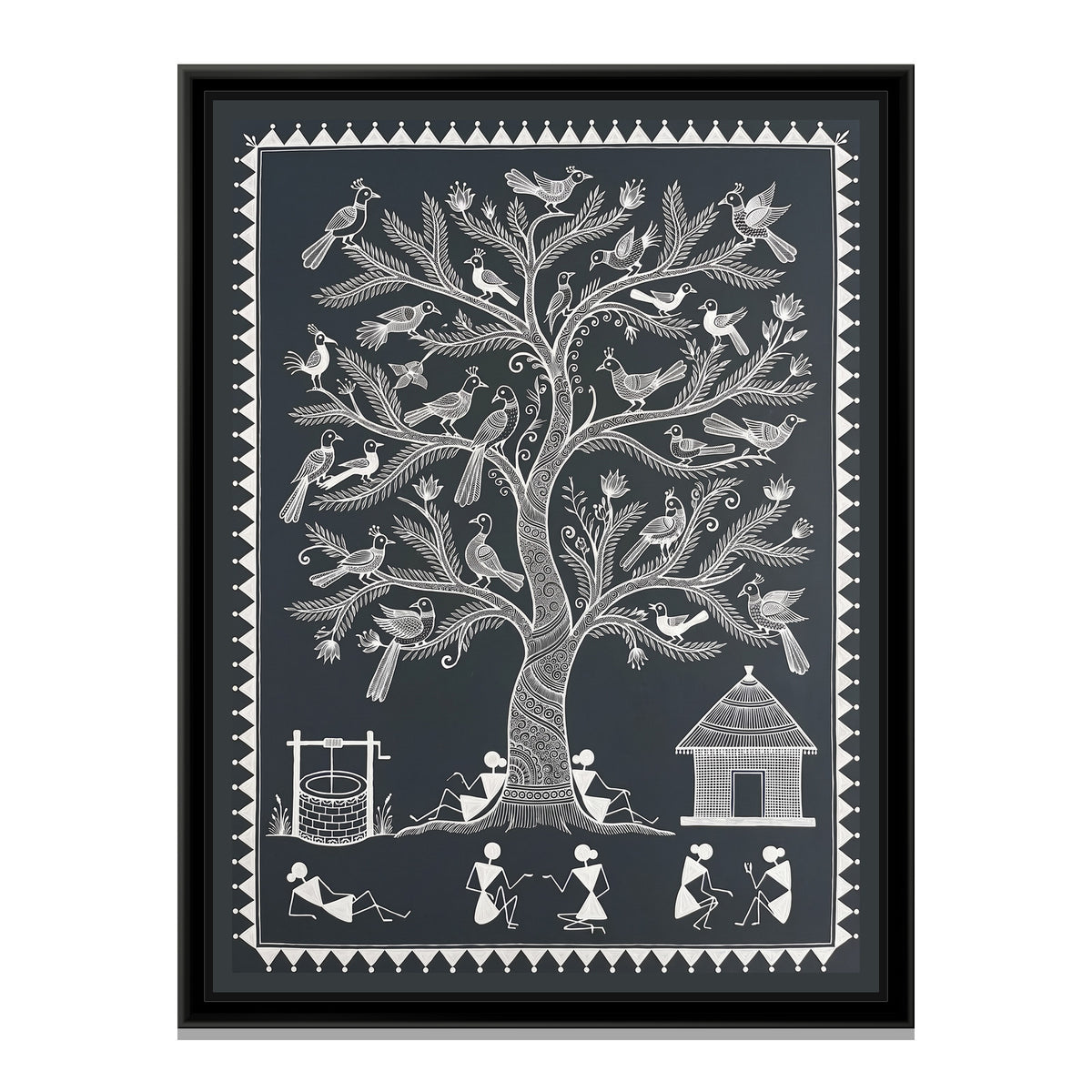 Warli Painting – Tree of Life with Birds – Deep Charcoal - framed canvas print, front view