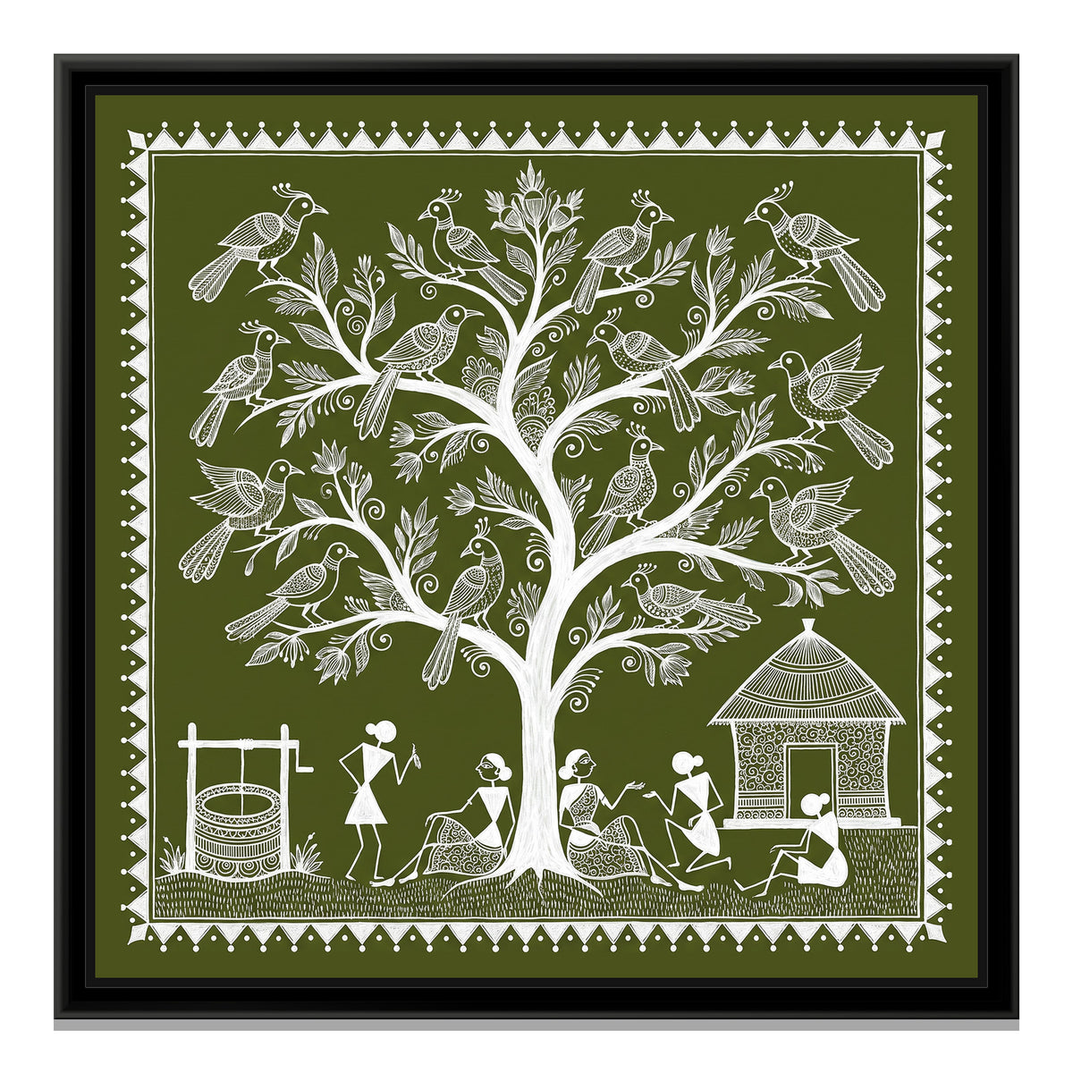 Warli Painting – Tree of Life with Birds – Olive Square - framed canvas print, front view