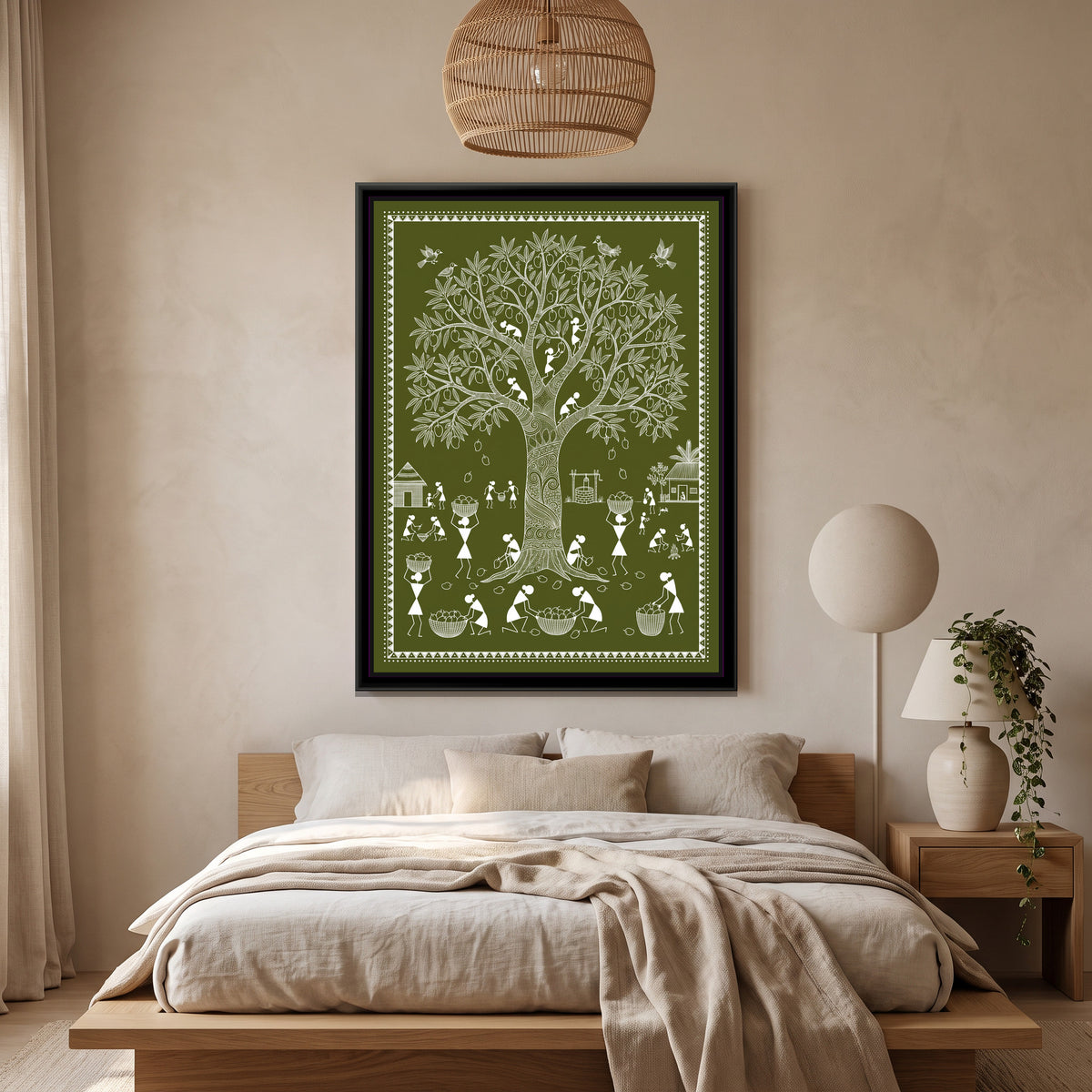 Warli Painting – Mango Tree at Harvest - canvas print shown in a second room setting