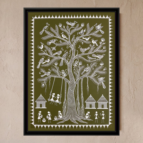 Warli Painting – Banyan Tree with a Swing