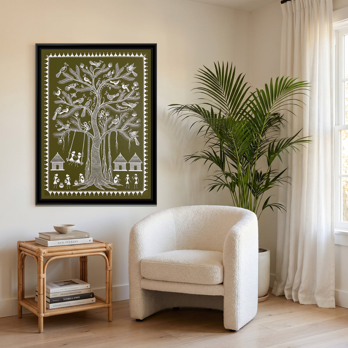 Warli Painting – Banyan Tree with a Swing - canvas print shown in a styled room