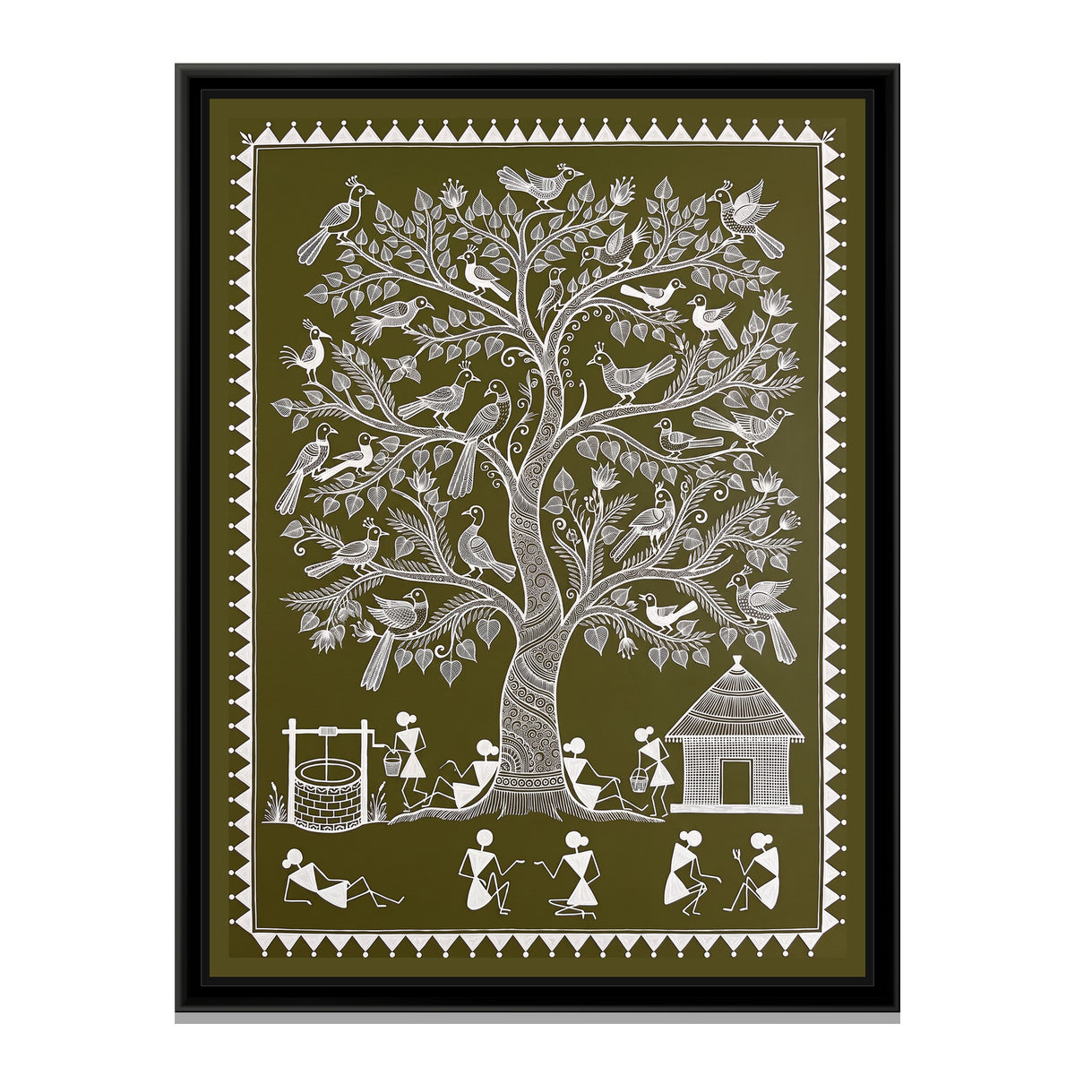 Warli Painting – Peepal Tree with Peacocks - framed canvas print, front view