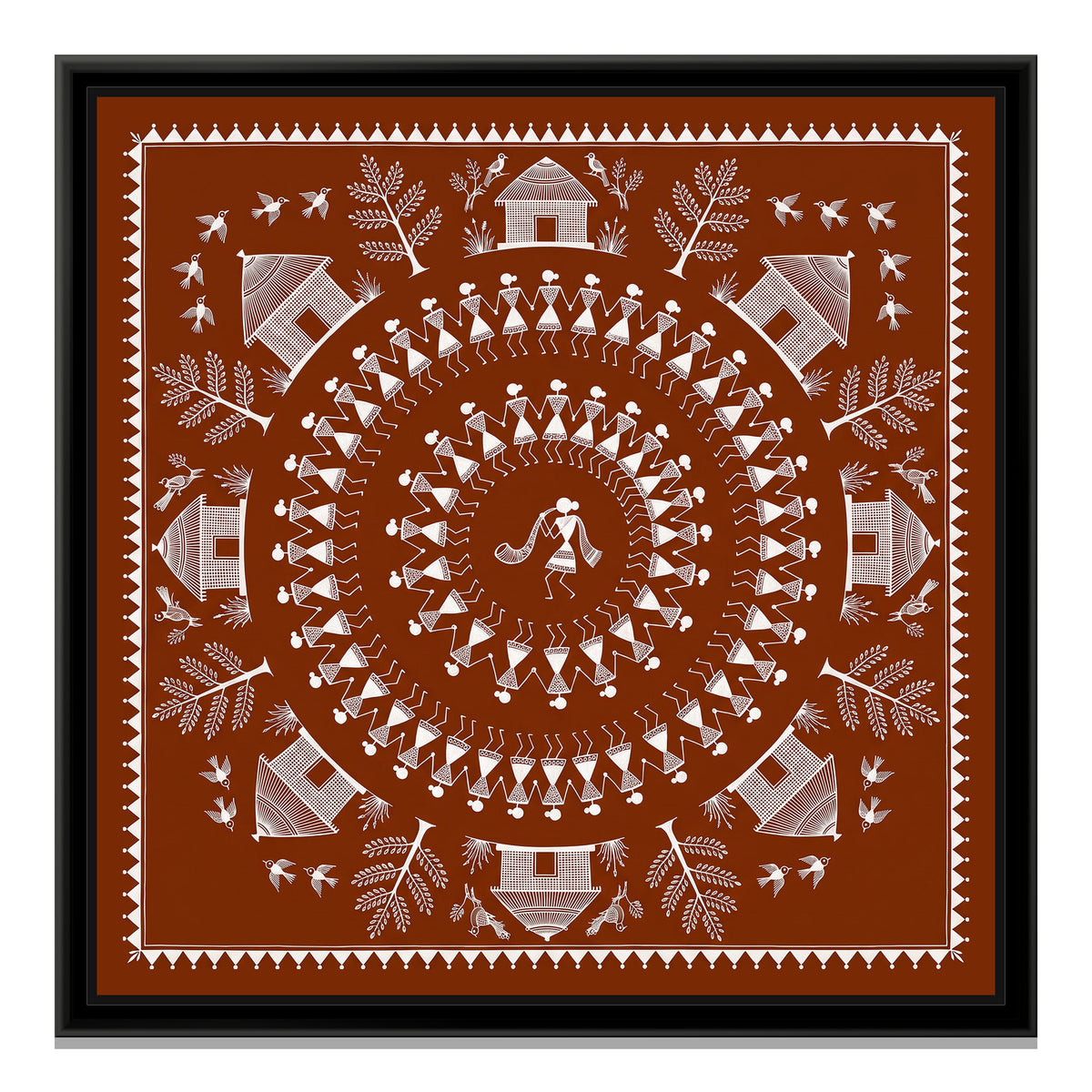Warli Painting – The Great Tarpa Dance - framed canvas print, front view
