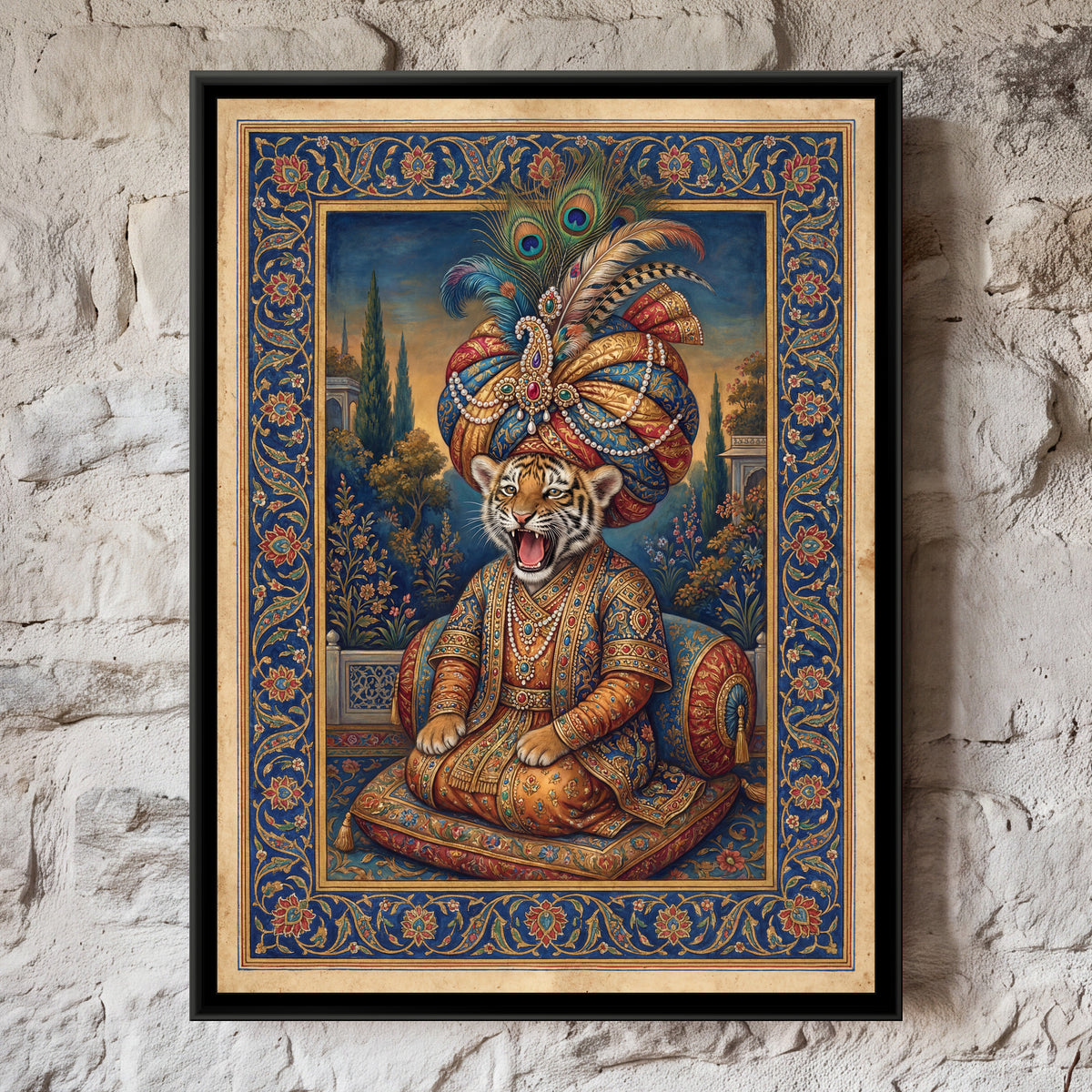 Yawning Tiger Cub – Twilight Garden - framed canvas art print of a tiger cub in a towering striped turban topped with peacock feathers yawns on a patterned cushion in a twilight garden of cypress, framed by a navy blue border, hung on a wall