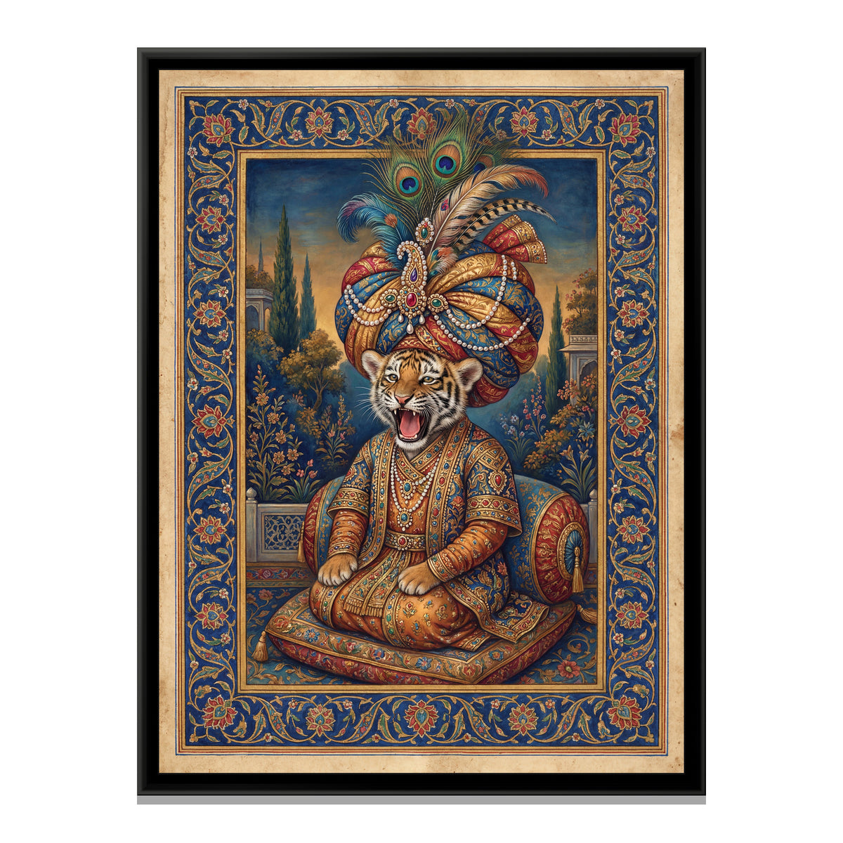 Yawning Tiger Cub – Twilight Garden - framed canvas art print, front view