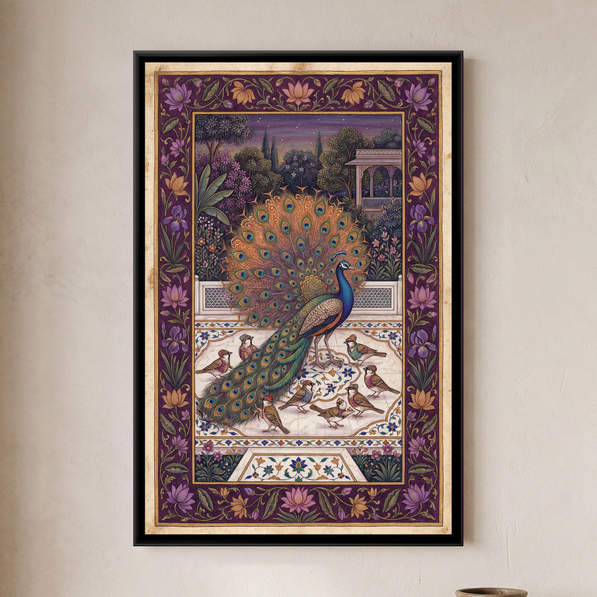 Peacock and the Sparrows – Bronze Tail - framed canvas art print of a peacock with a fanned bronze tail stands on an inlaid marble terrace among small sparrows in tiny coats, with a dusky garden and pavilion behind a purple floral border, hung on a wall