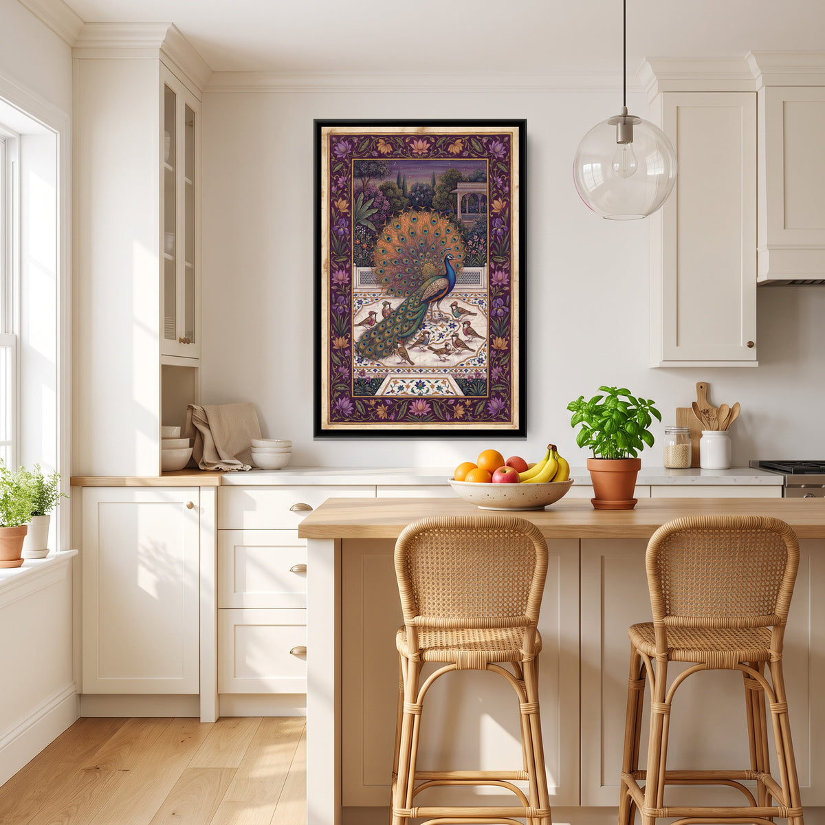 Peacock and the Sparrows – Bronze Tail - canvas art print shown in a styled room