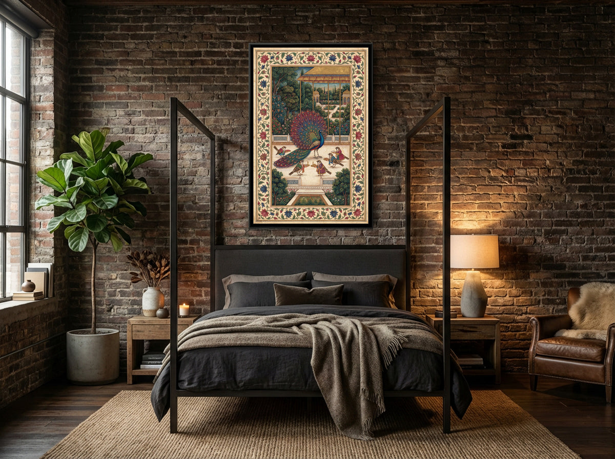 Peacock and the Sparrows – Under the Gold Canopy - canvas art print shown in a second room setting