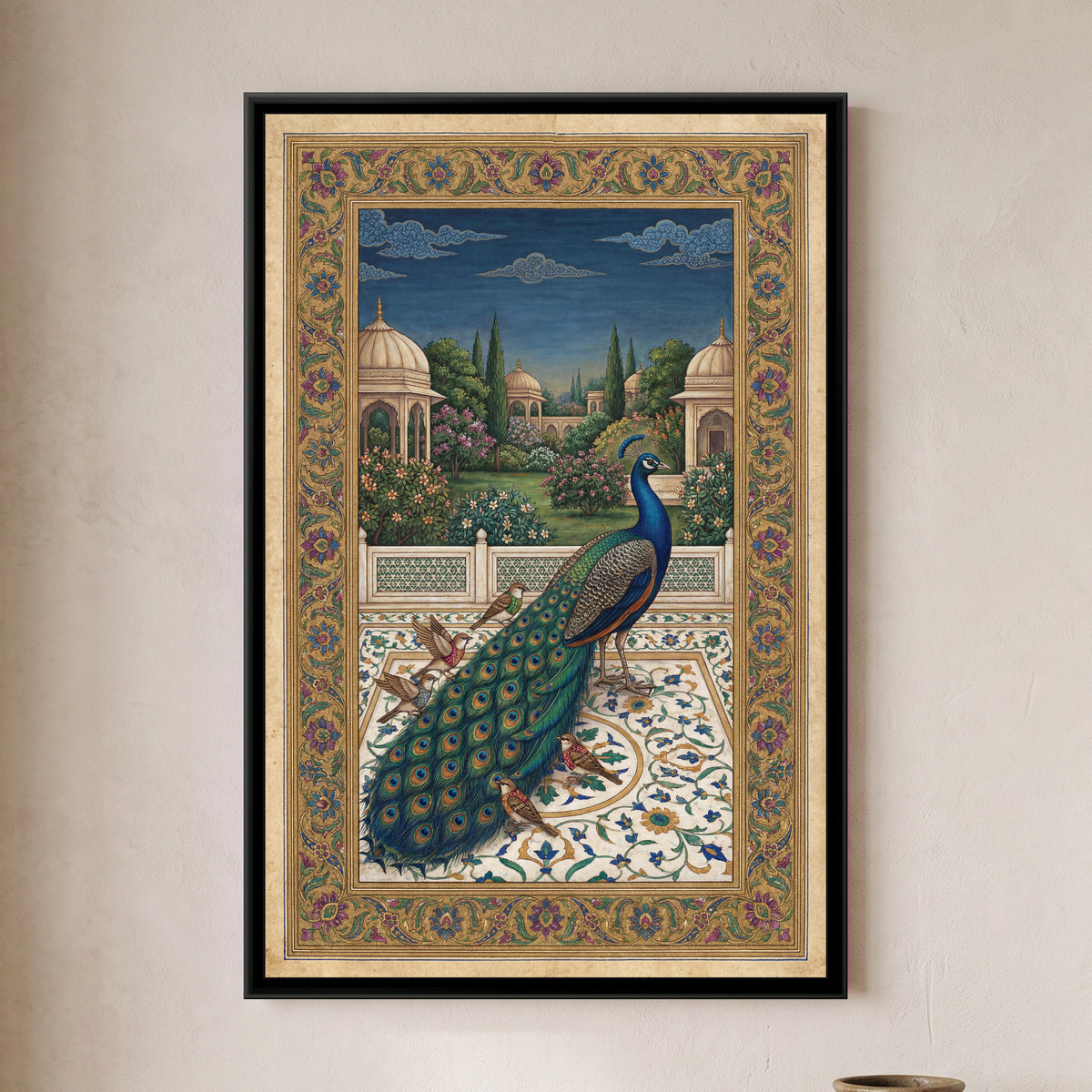 Peacock and the Sparrows – Blue on Marble - framed canvas art print of a blue peacock trails its long tail across an inlaid white marble floor among sparrows, with domed pavilions, cypress trees and a deep blue sky behind a gold border, hung on a wall