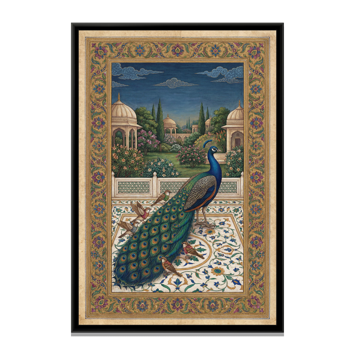 Peacock and the Sparrows – Blue on Marble - framed canvas art print, front view