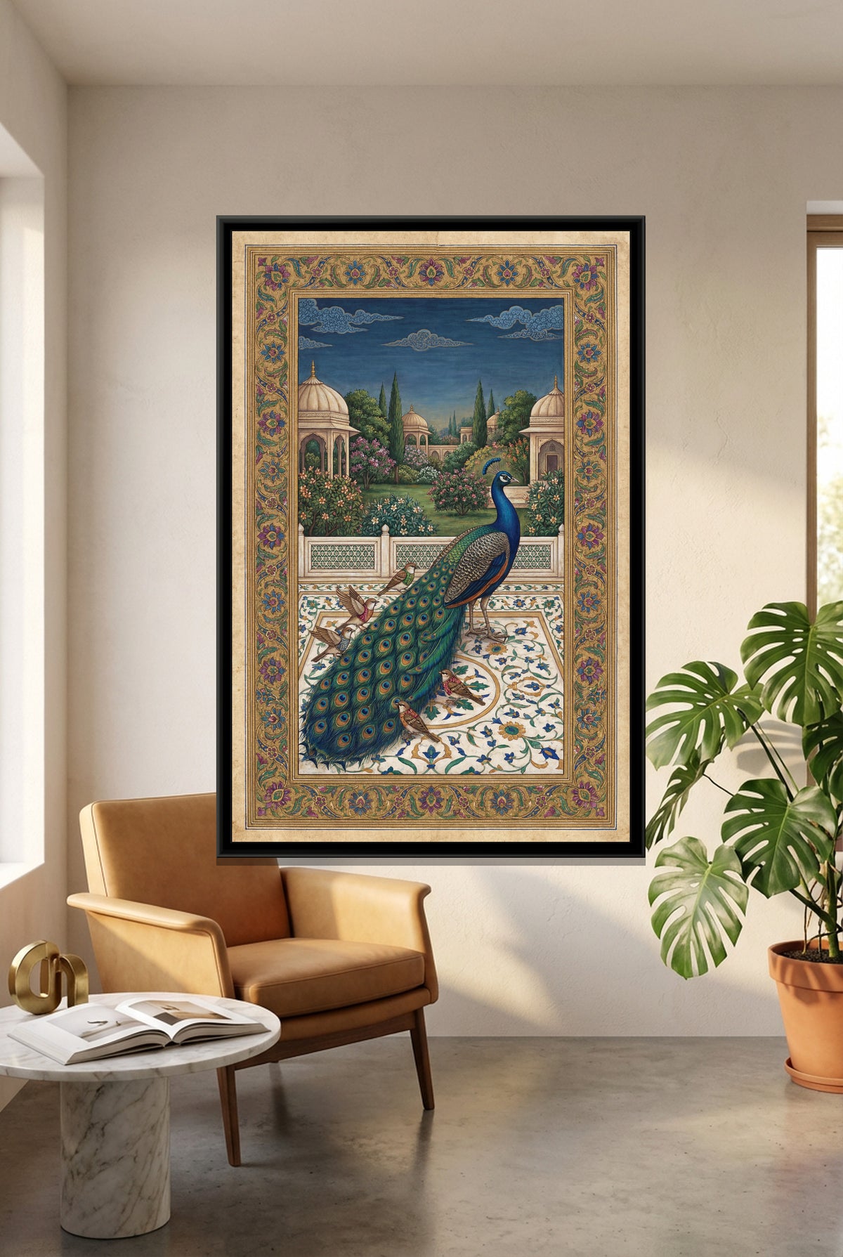 Peacock and the Sparrows – Blue on Marble - canvas art print shown in a styled room