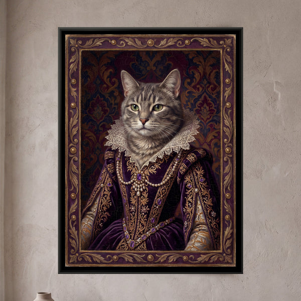 Cat in a Velvet Gown – Grey Tabby in Purple
