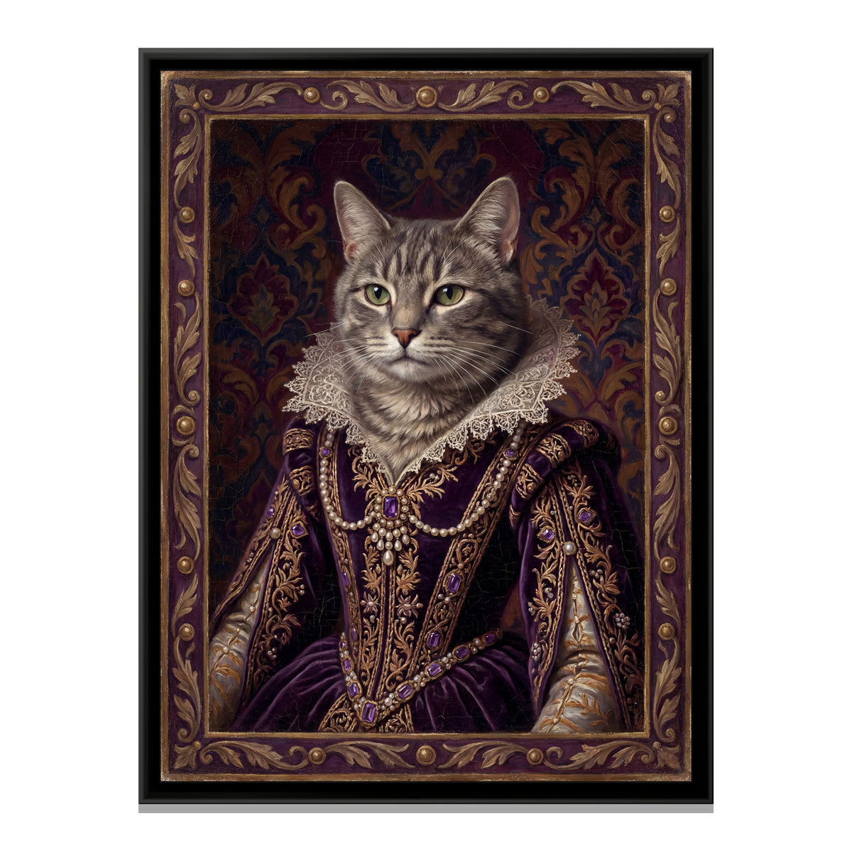 Cat in a Velvet Gown – Grey Tabby in Purple - framed canvas art print, front view