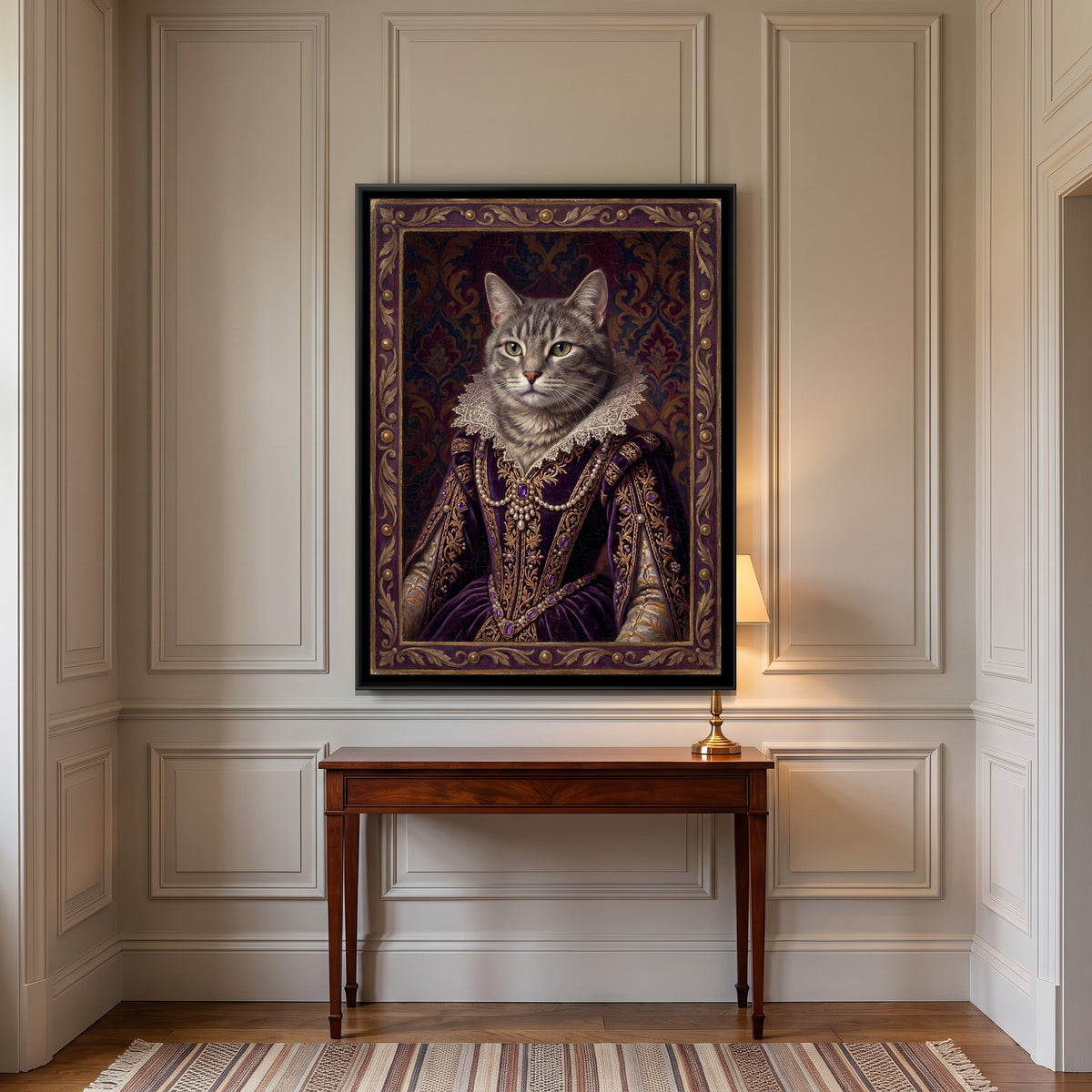 Cat in a Velvet Gown – Grey Tabby in Purple - canvas art print shown in a second room setting