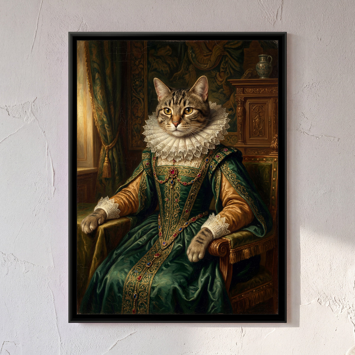 Cat in a Velvet Gown – Tabby in Green - framed canvas art print of a tabby cat in a lace ruff and green velvet gown with jewelled trim sits in a carved chair, resting its paws on the arms in a dim panelled room, hung on a wall