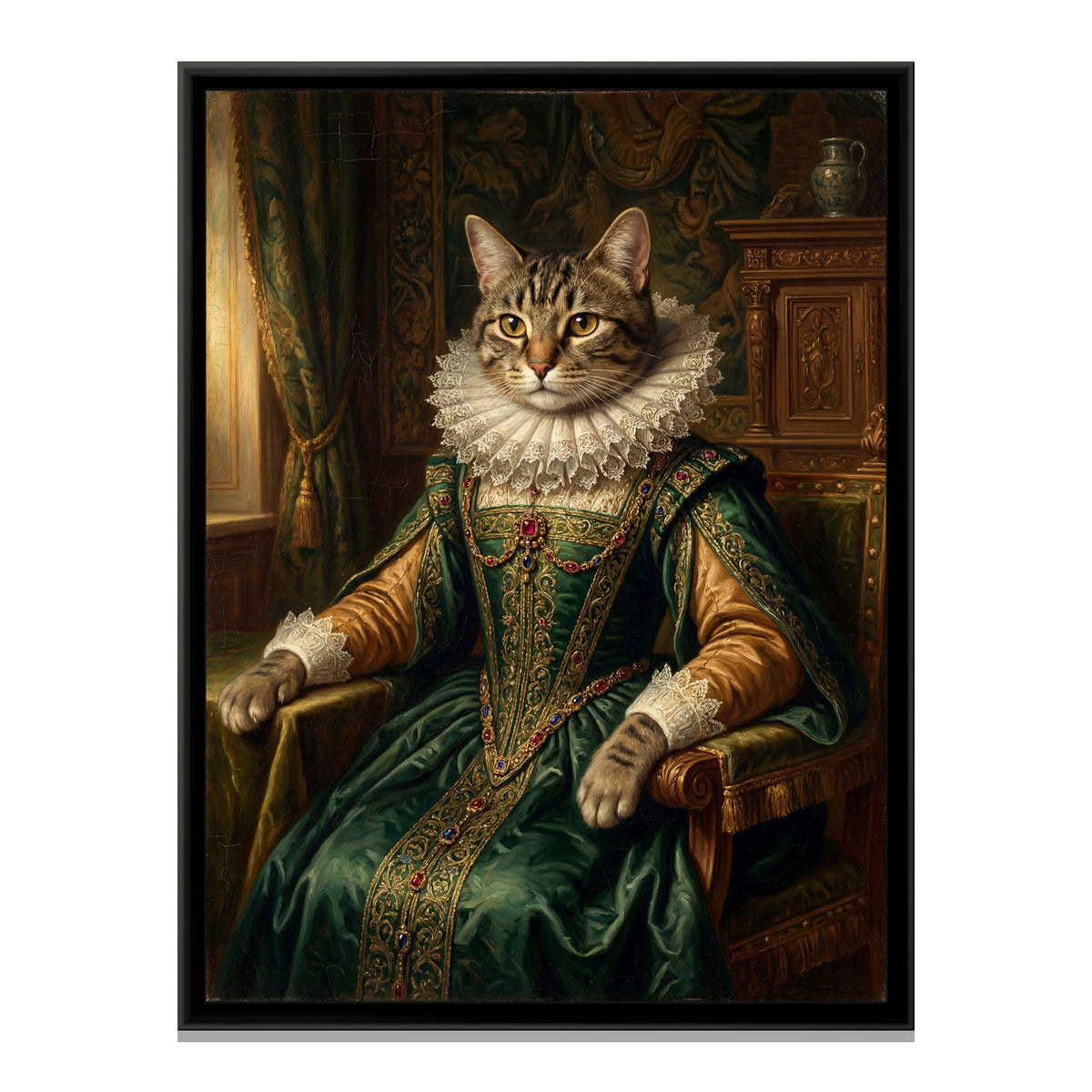 Cat in a Velvet Gown – Tabby in Green - framed canvas art print, front view