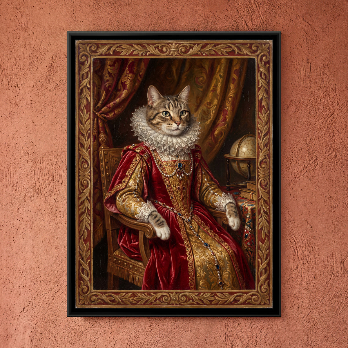 Cat in a Velvet Gown – Tabby in Crimson - framed canvas art print of a tabby cat in a lace ruff and crimson and gold brocade gown sits by a globe and books before gold drapes, framed by a carved red and gold border, hung on a wall