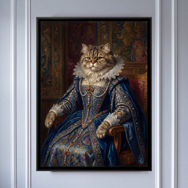 Cat in a Velvet Gown – Long-haired Tabby in Blue