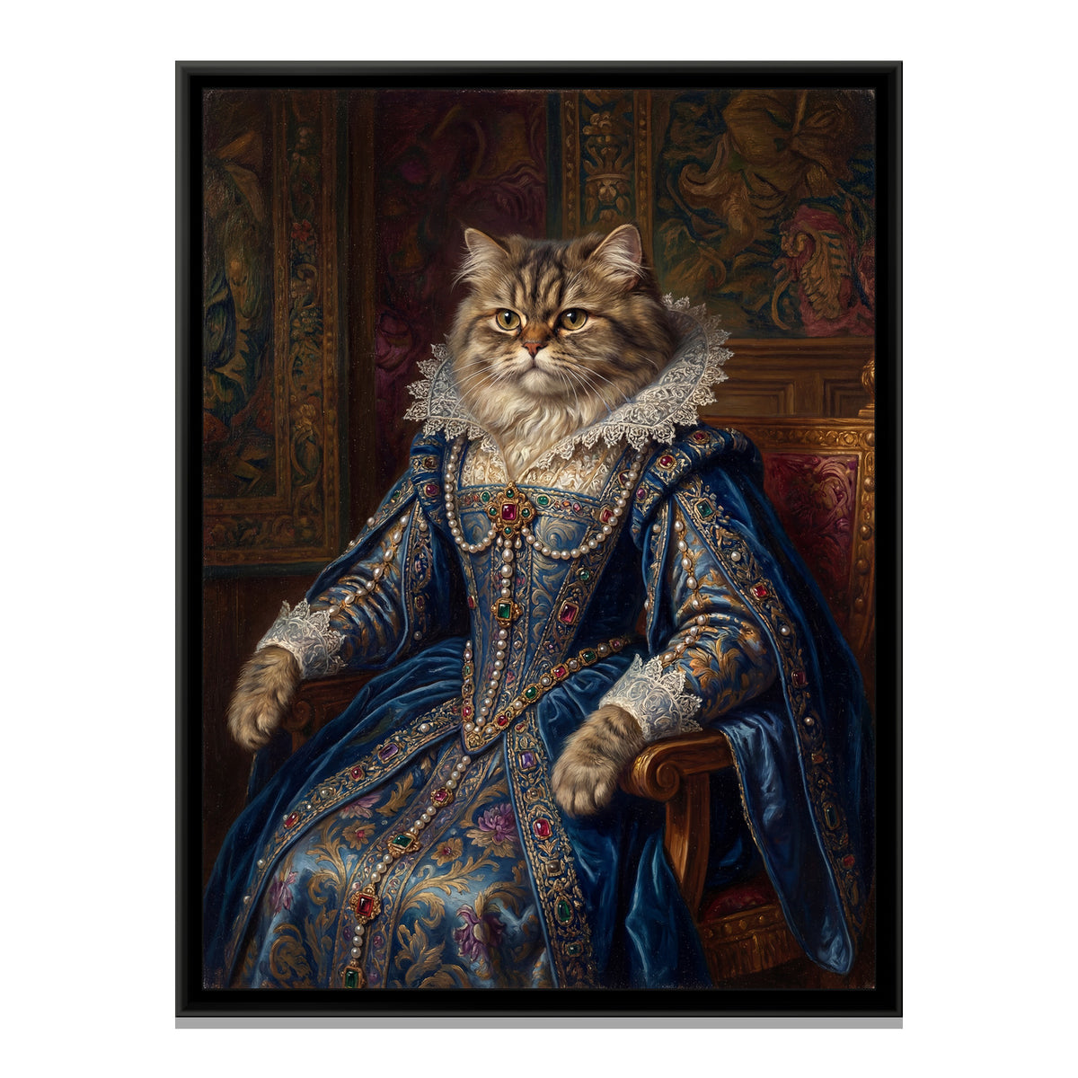 Cat in a Velvet Gown – Long-haired Tabby in Blue - framed canvas art print, front view