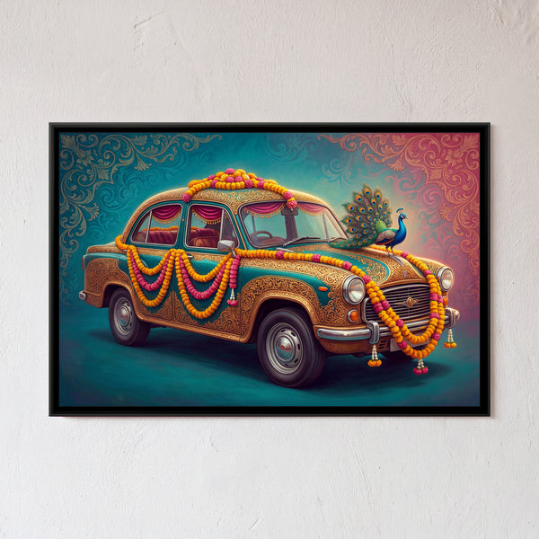 Vintage Car with Peacock – Teal with Gold