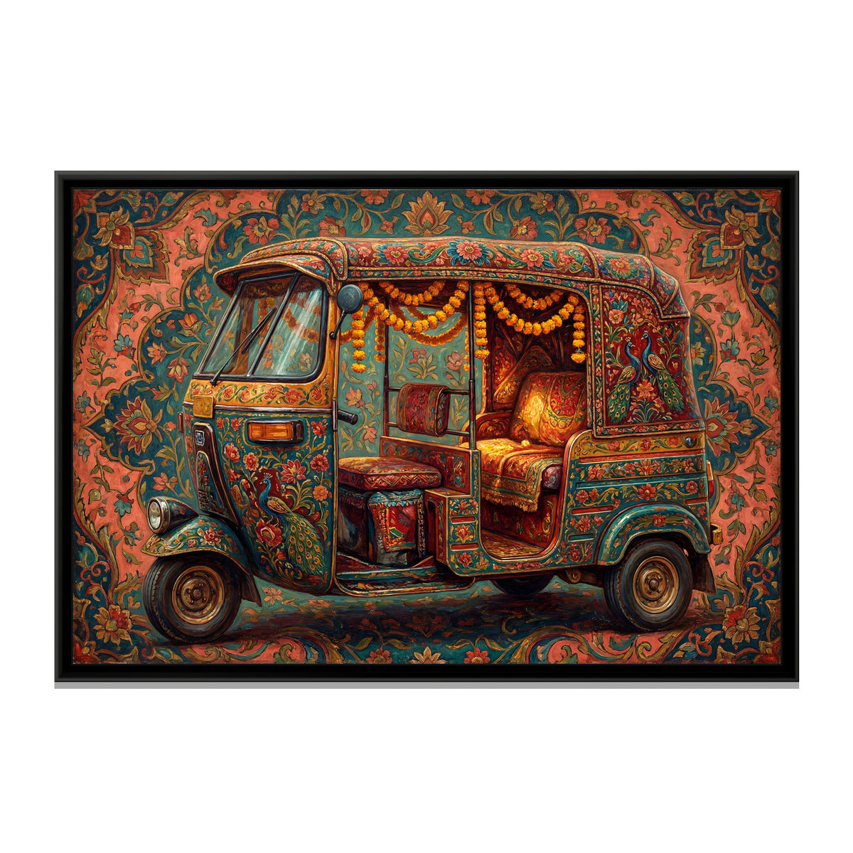 Decorated Auto Rickshaw – Floral on Coral - framed canvas art print, front view