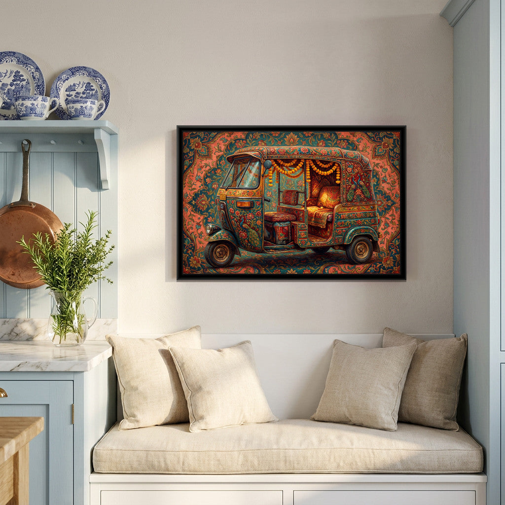 Decorated Auto Rickshaw – Floral on Coral - canvas art print shown in a styled room