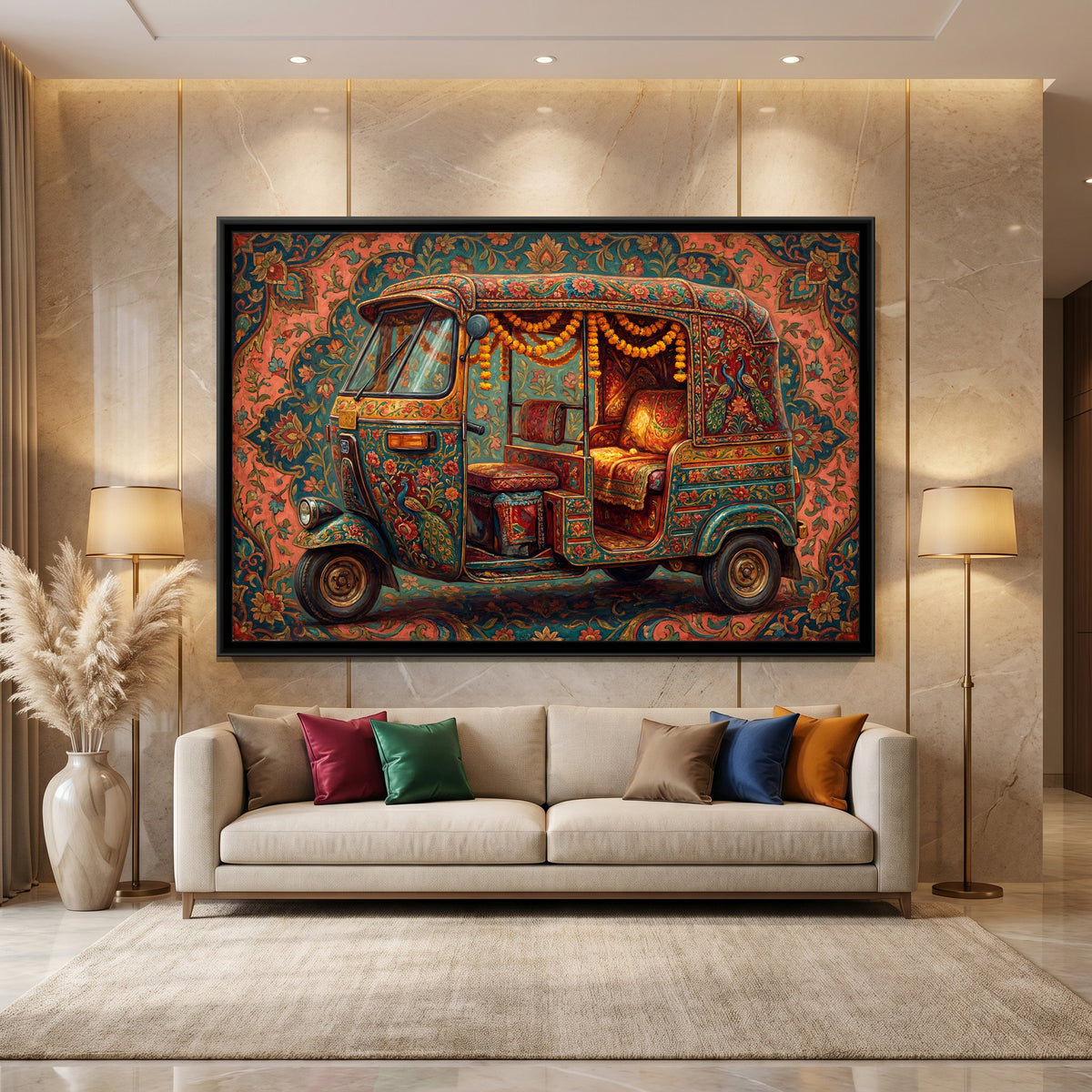 Decorated Auto Rickshaw – Floral on Coral - canvas art print shown in a second room setting