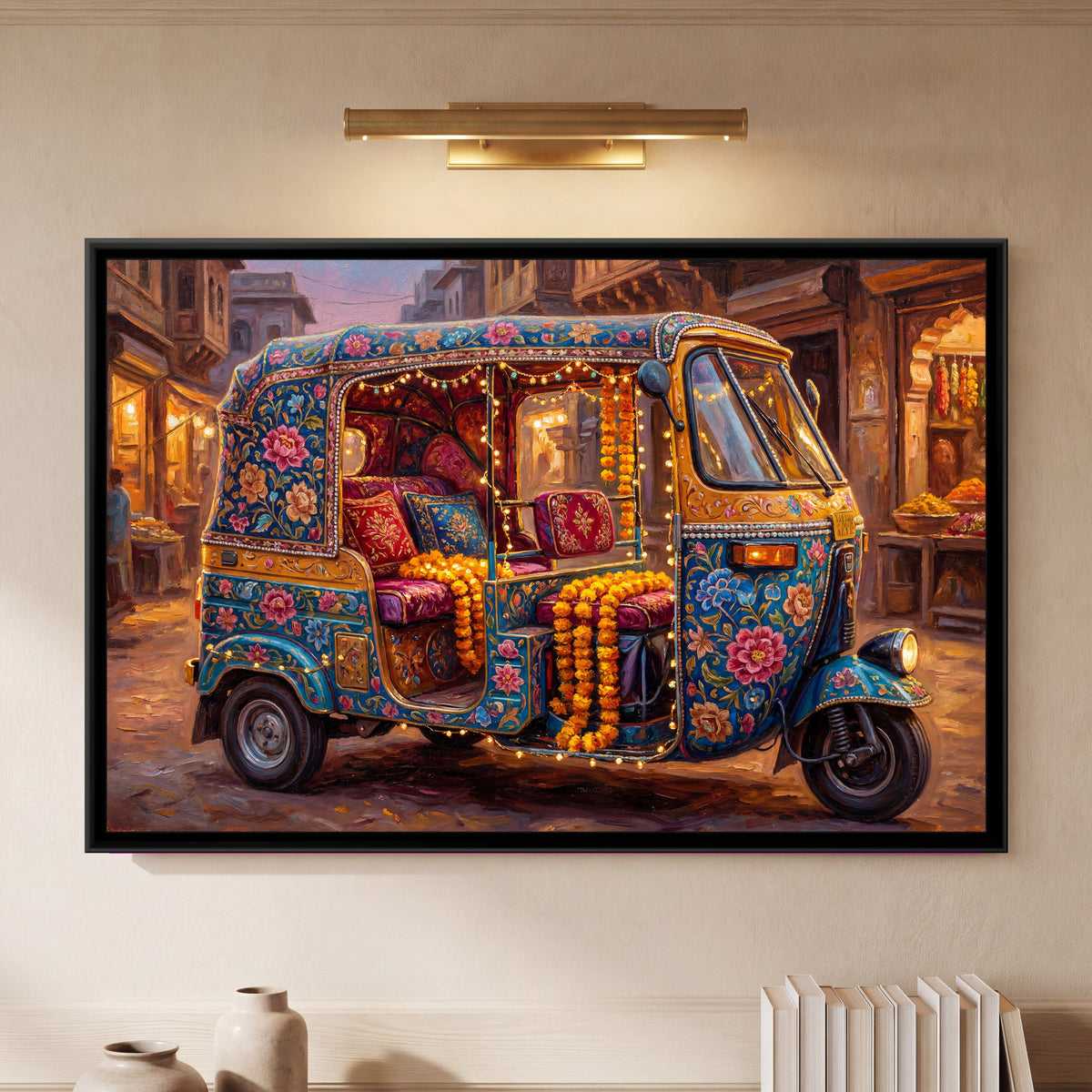 Decorated Auto Rickshaw – Blue at the Evening Market - framed canvas art print of a blue auto rickshaw decorated with pink roses and strung with fairy lights and marigold garlands stands in a glowing evening market street lined with stalls, hung on a wall