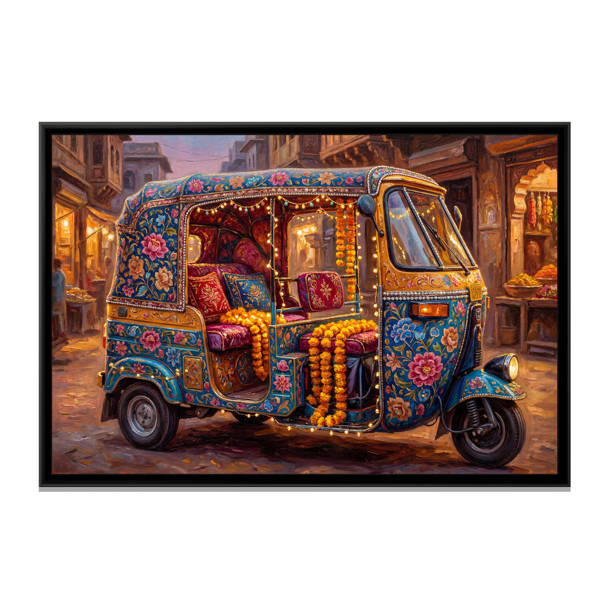 Decorated Auto Rickshaw – Blue at the Evening Market - framed canvas art print, front view