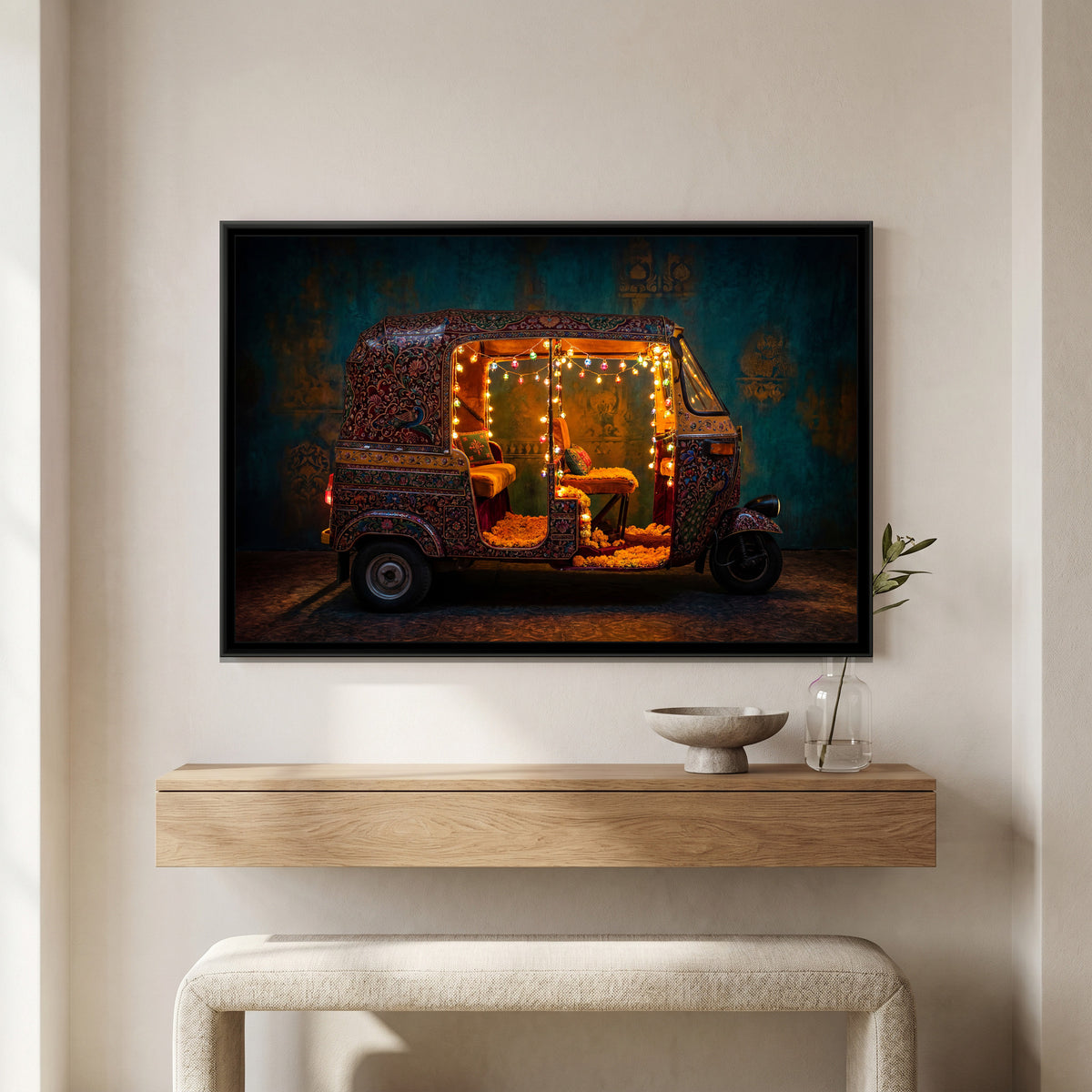 Decorated Auto Rickshaw – Fairy Lights on Teal - canvas art print shown in a styled room
