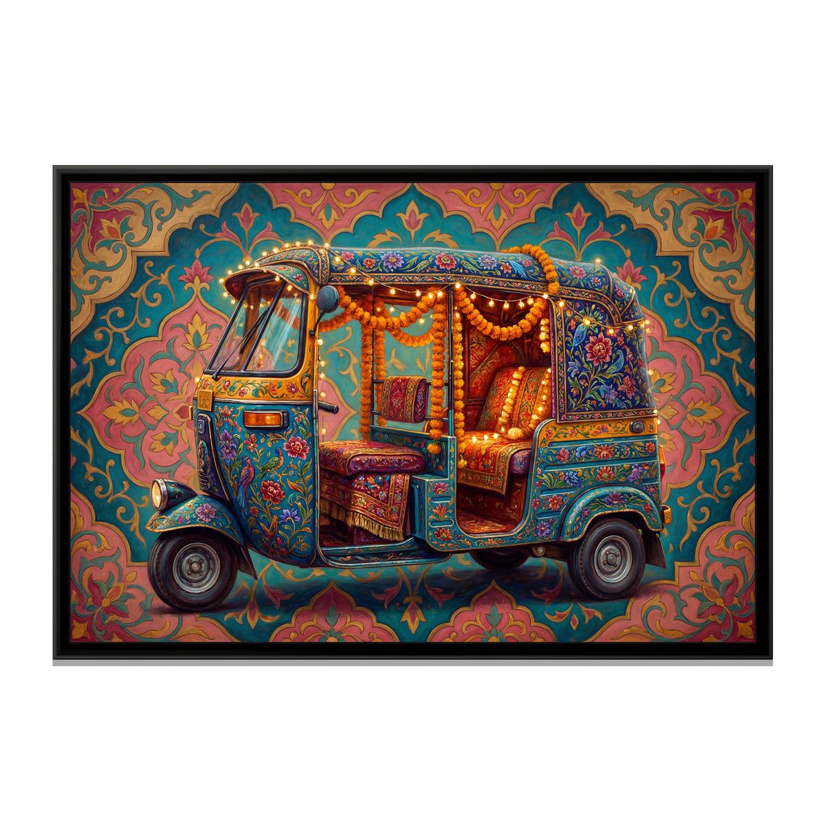 Decorated Auto Rickshaw – Turquoise - framed canvas art print, front view